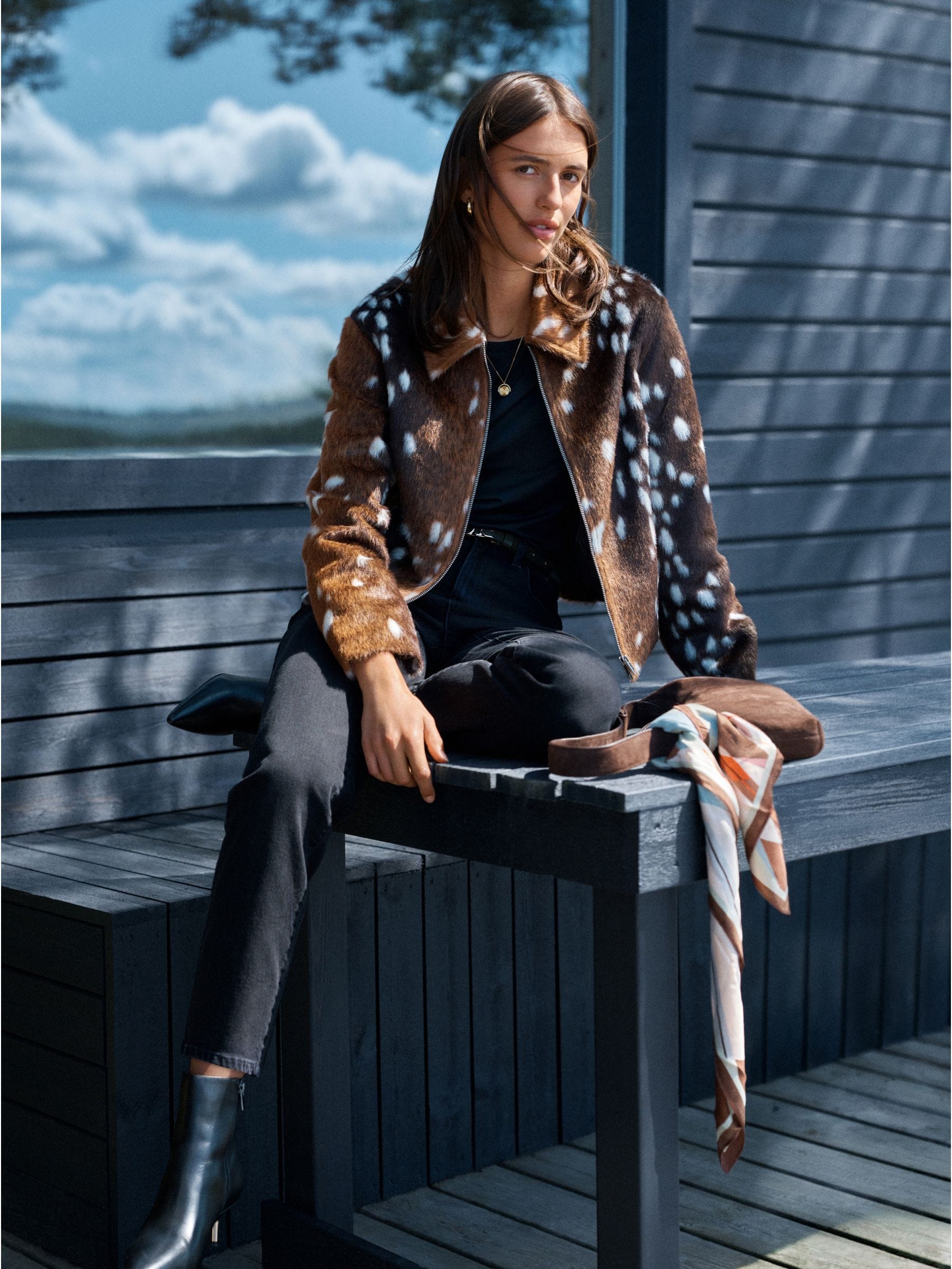 Faux Fur Jacket - Brown Animal Deer Print - Regular - Location Worn
