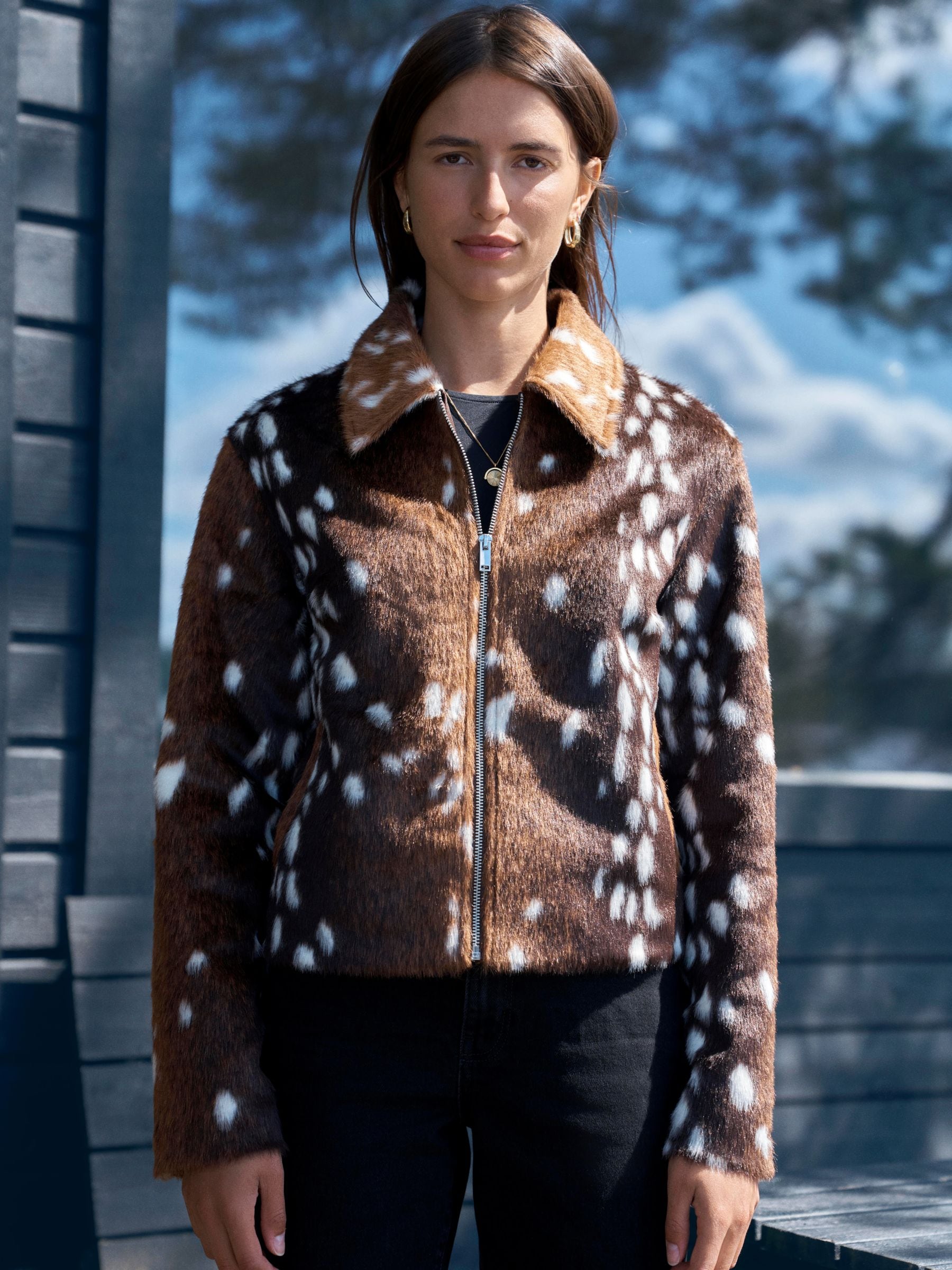 Faux Fur Jacket - Brown Animal Deer Print - Regular - Location Worn