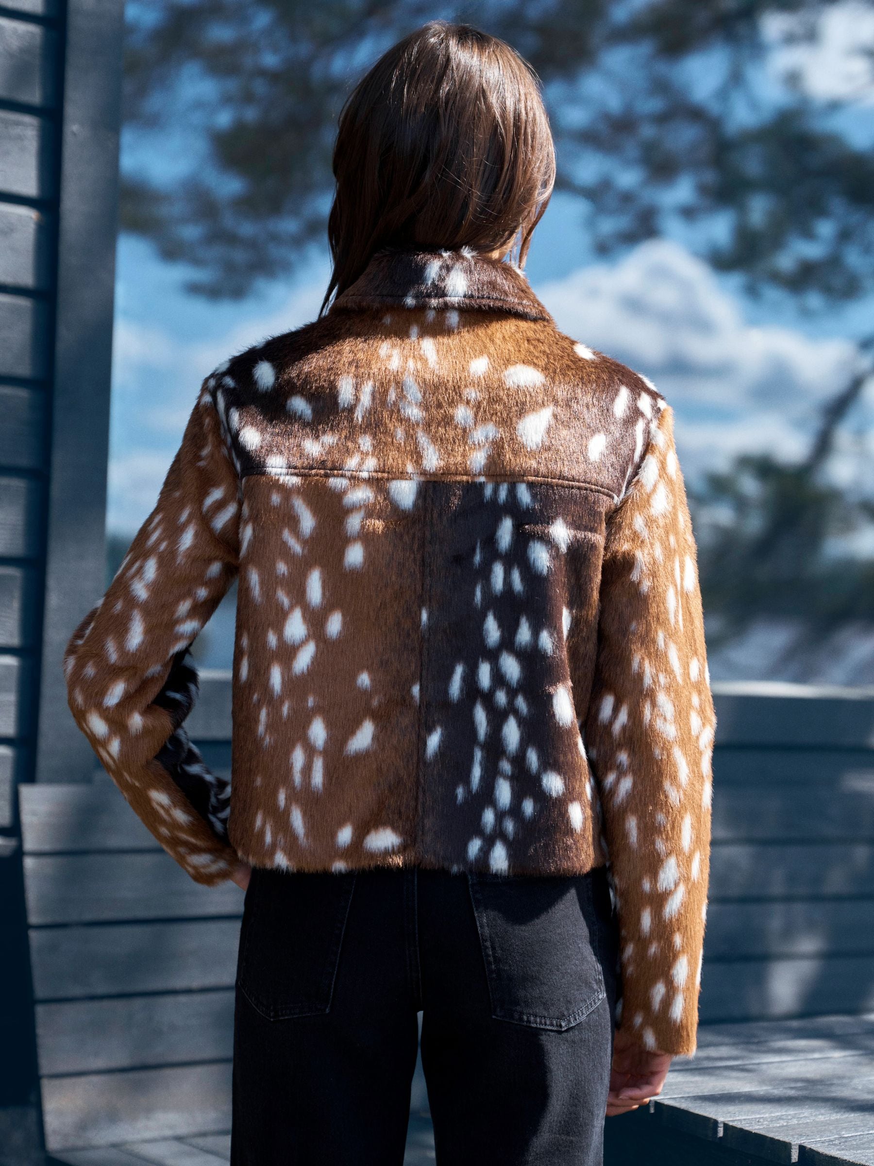 Faux Fur Jacket - Brown Animal Deer Print - Regular - Location Worn