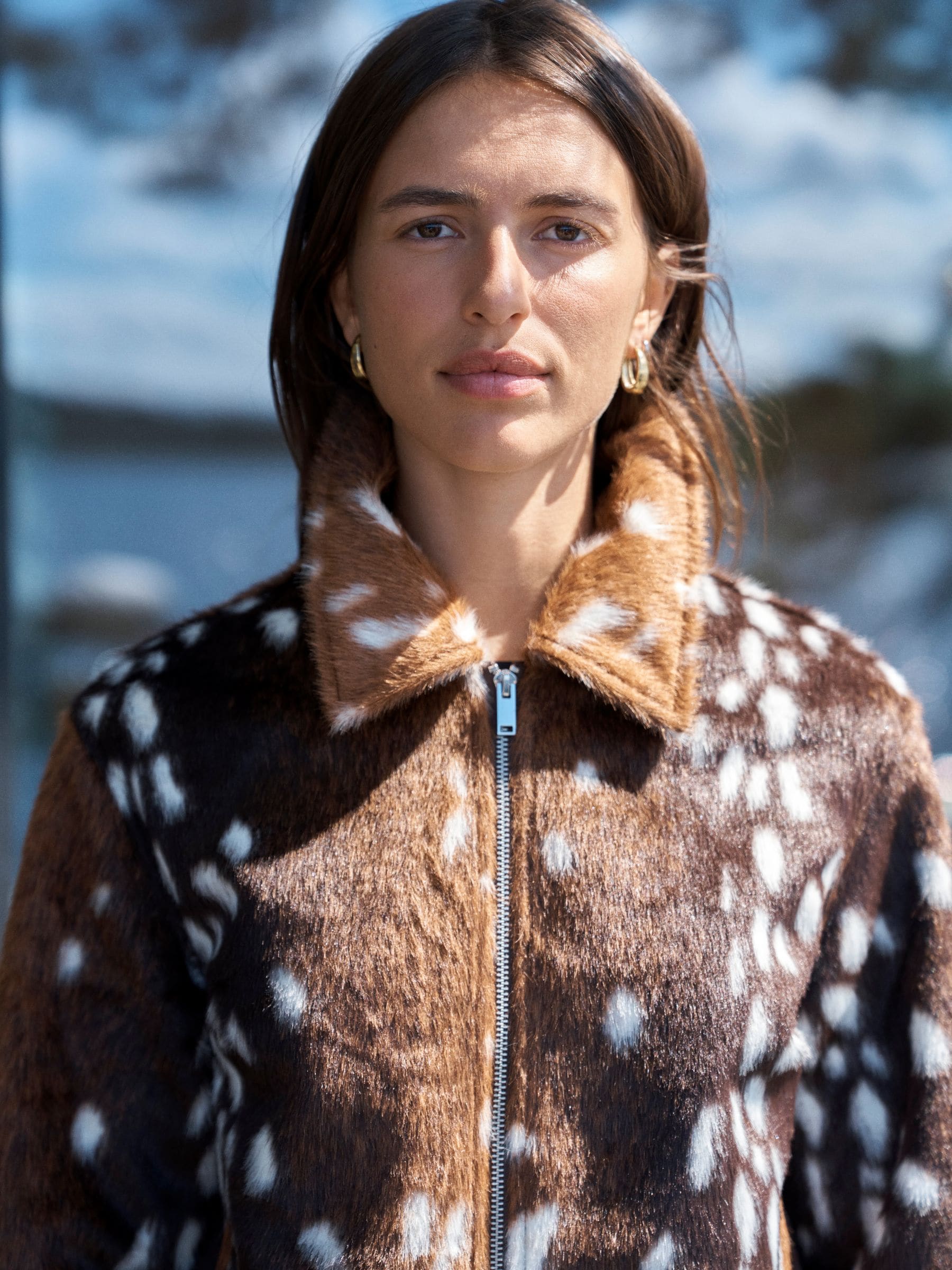 Faux Fur Jacket - Brown Animal Deer Print - Regular - Location Worn