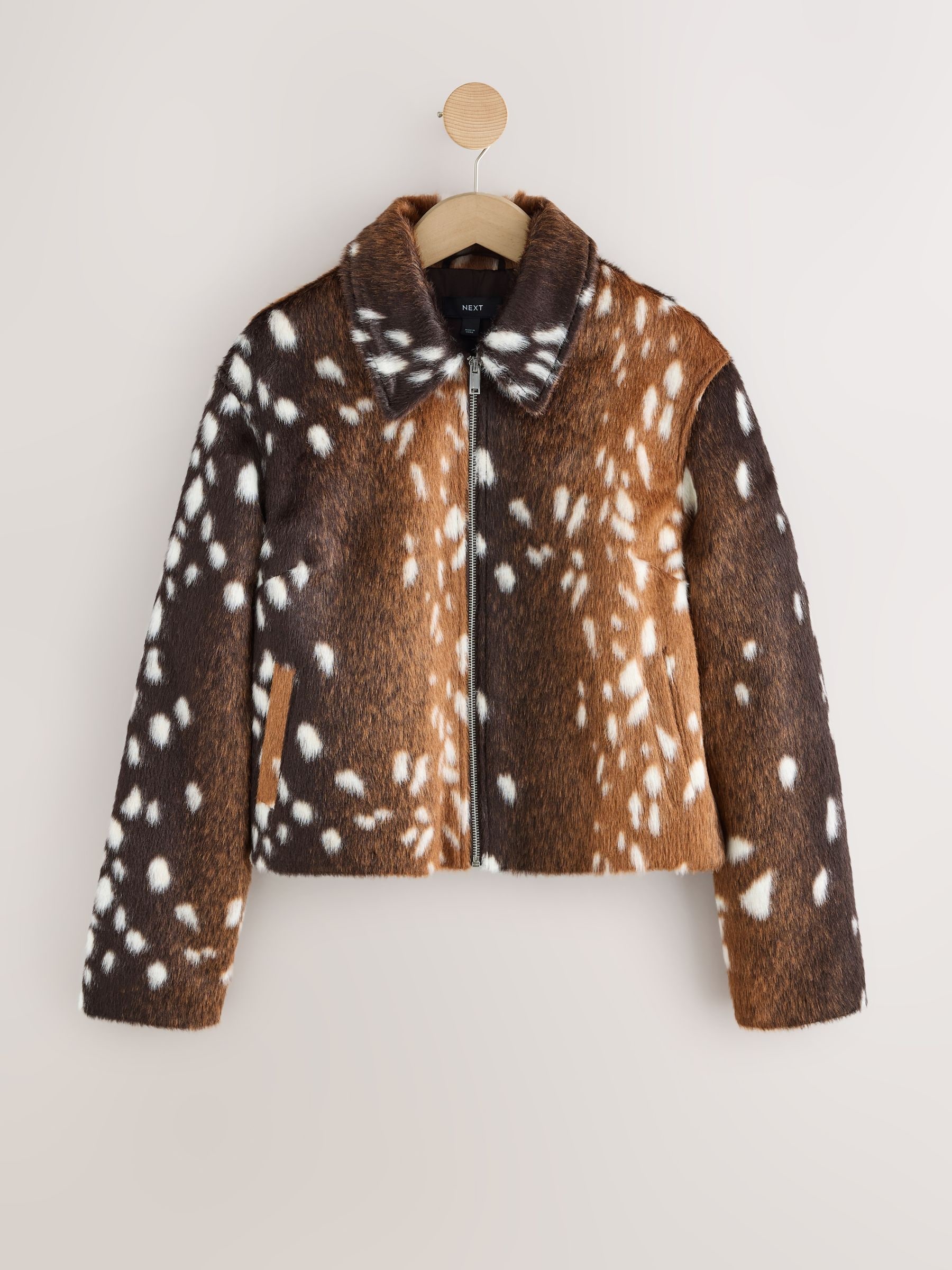 Faux Fur Jacket - Brown Animal Deer Print - Regular - SIP Still Life