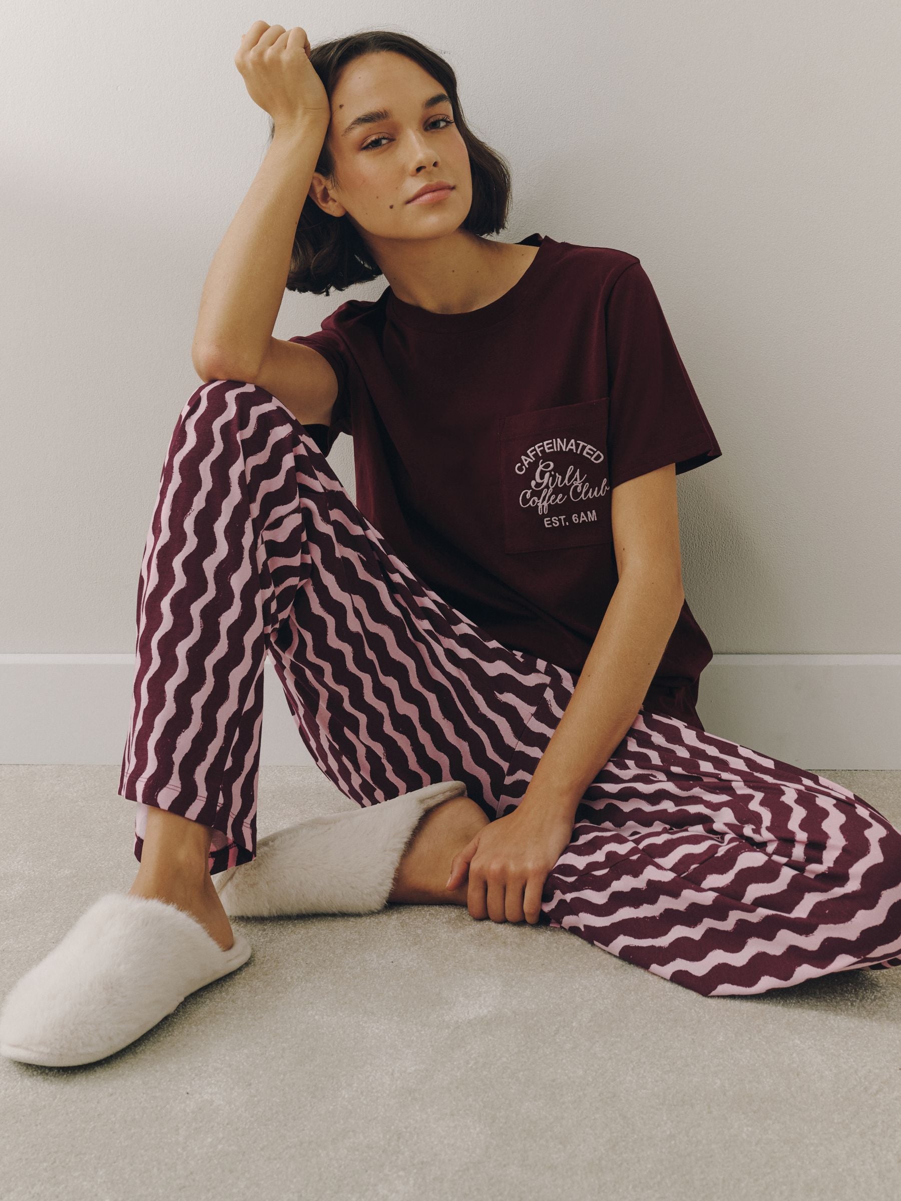 Short Sleeve Pyjamas - Burgundy Red/ Pink Wobbly Stripe - Regular - SIP Worn