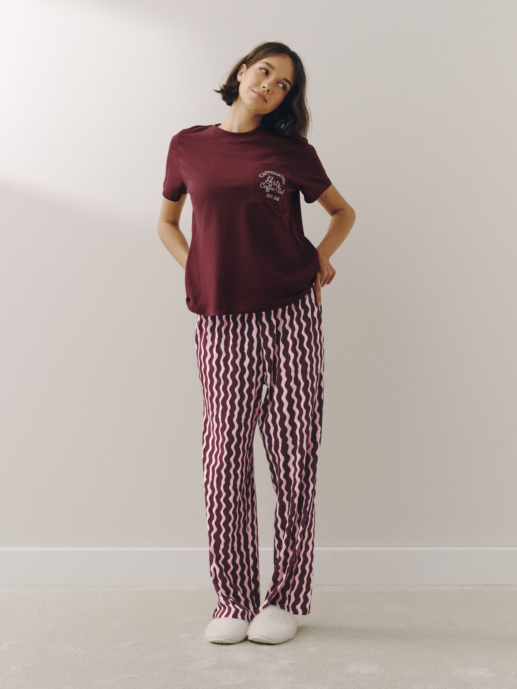 Short Sleeve Pyjamas - Burgundy Red/ Pink Wobbly Stripe - Regular - SIP Worn