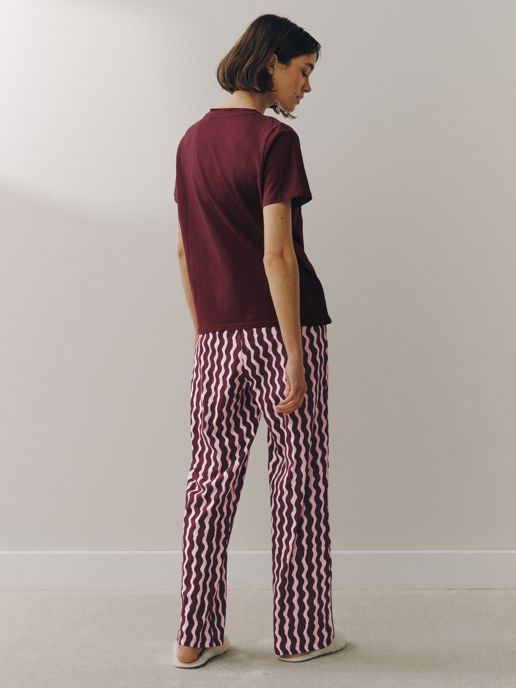 Short Sleeve Pyjamas - Burgundy Red/ Pink Wobbly Stripe - Regular - SIP Worn