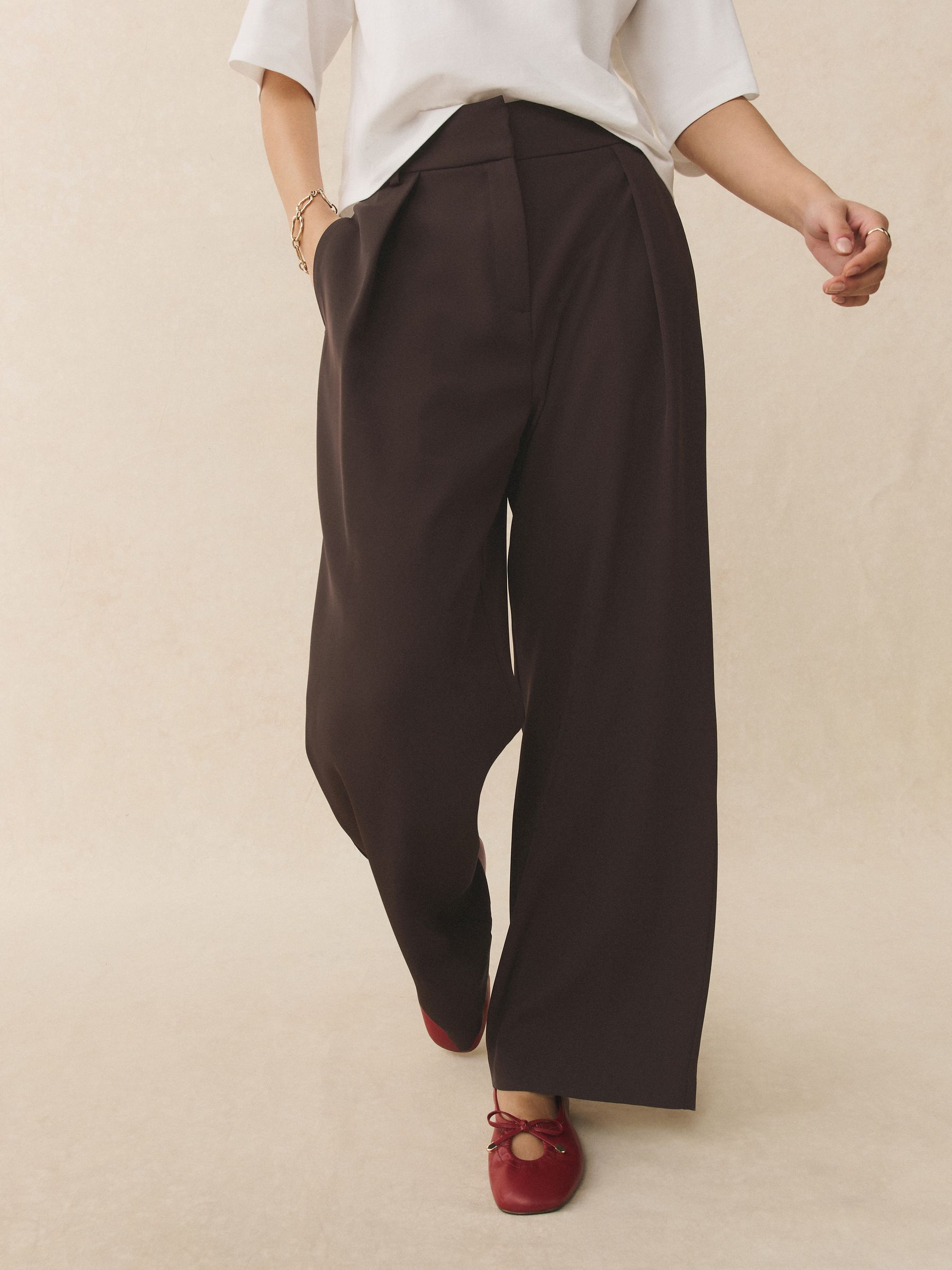 Elastic Back Wide Leg Trousers - Chocolate Brown - Regular - SIP Worn
