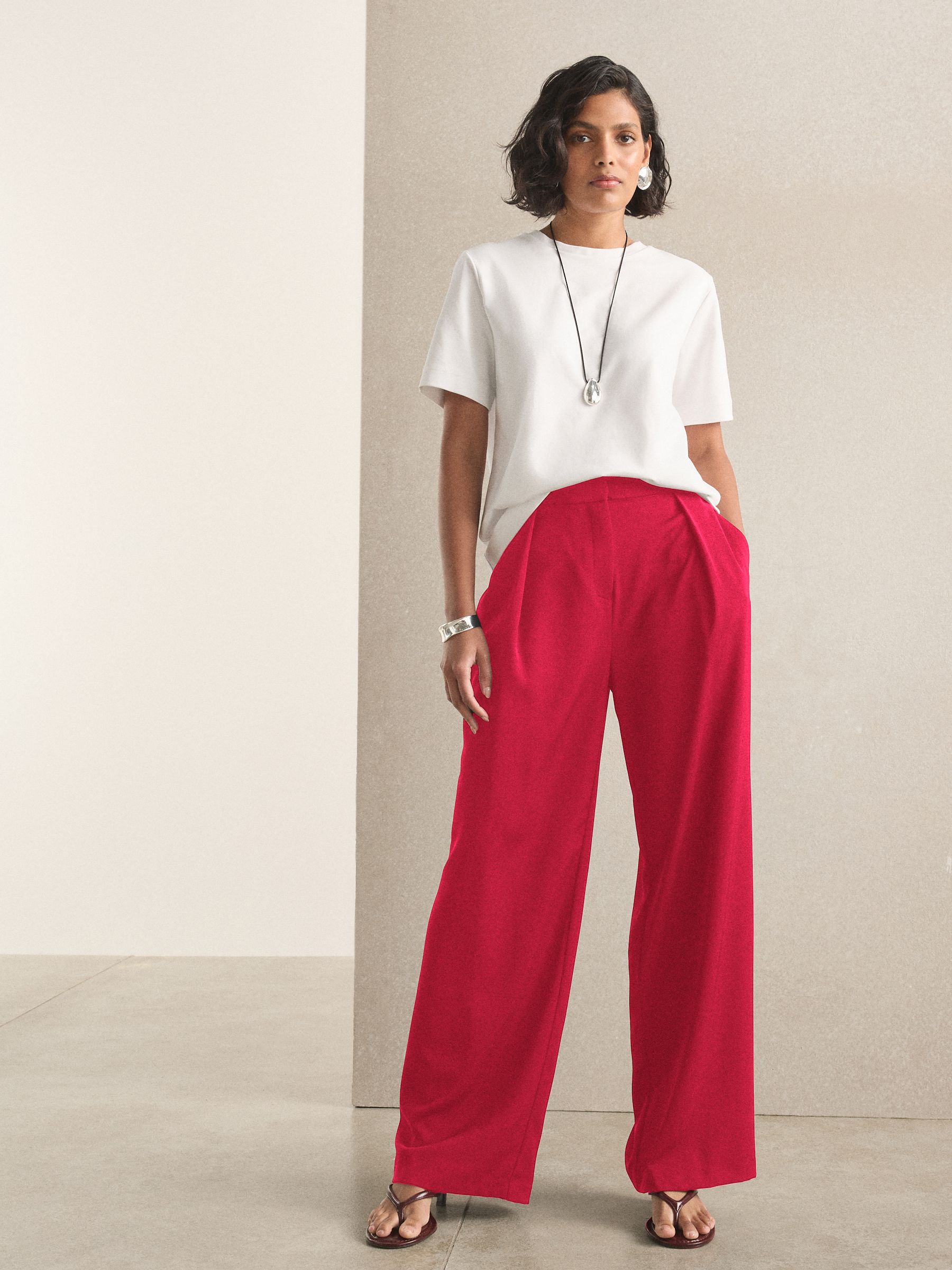 Elastic Back Wide Leg Trousers - Red - Regular - Location Worn