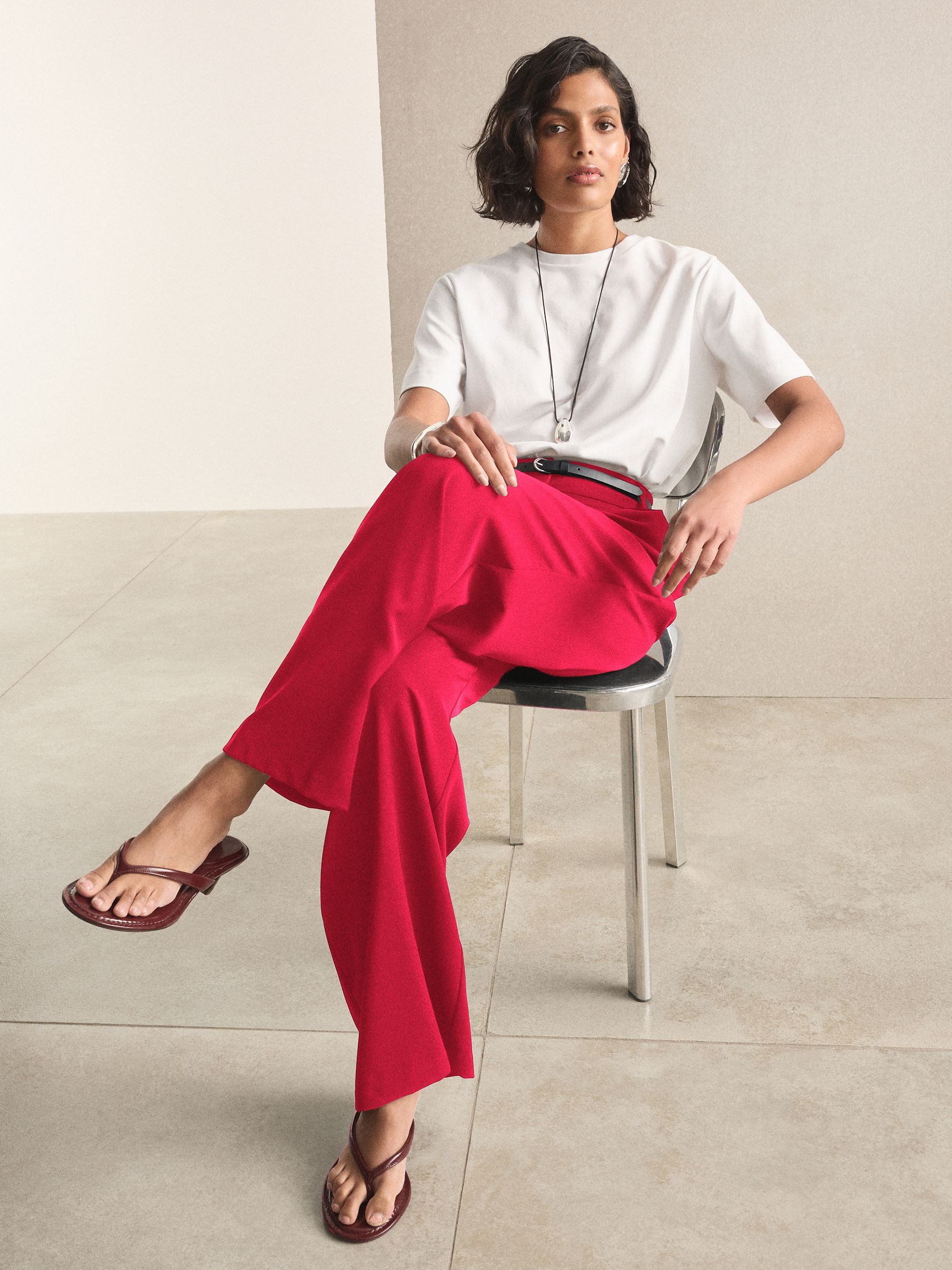 Elastic Back Wide Leg Trousers - Red - Regular - Location Worn
