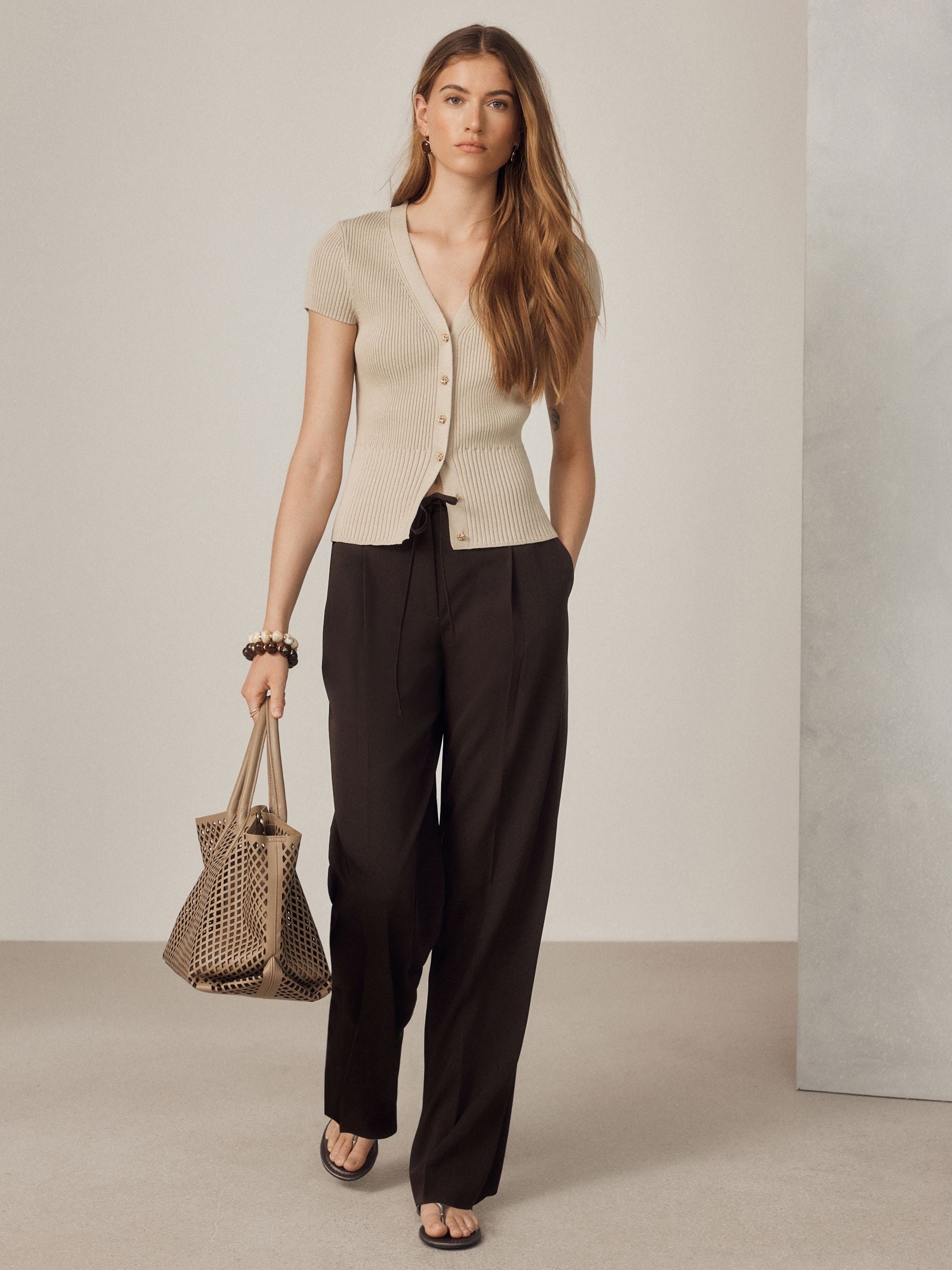 Tie Waist Wide Leg Trousers - Chocolate Brown - Regular - Location Worn