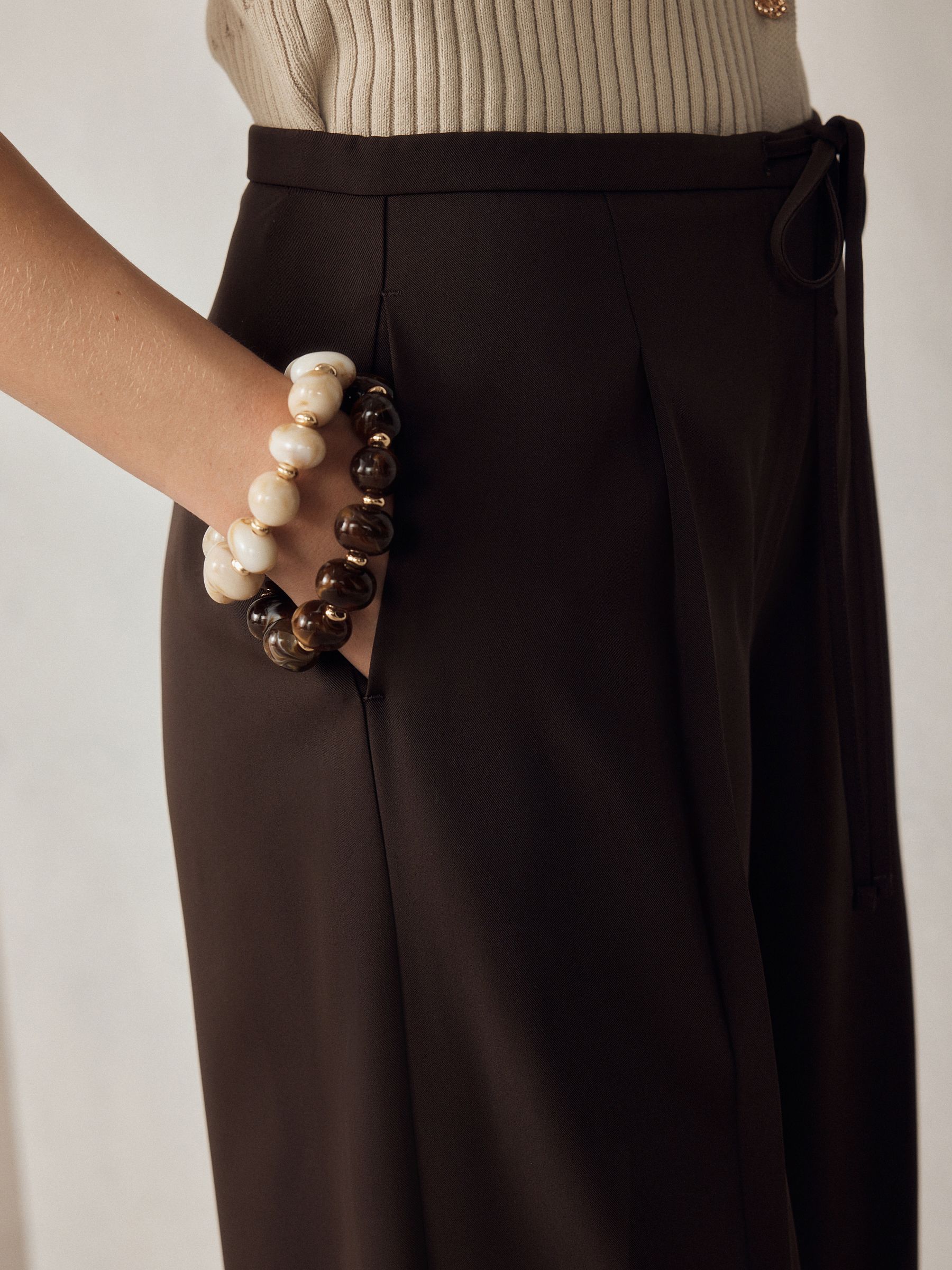 Tie Waist Wide Leg Trousers - Chocolate Brown - Regular - Location Worn