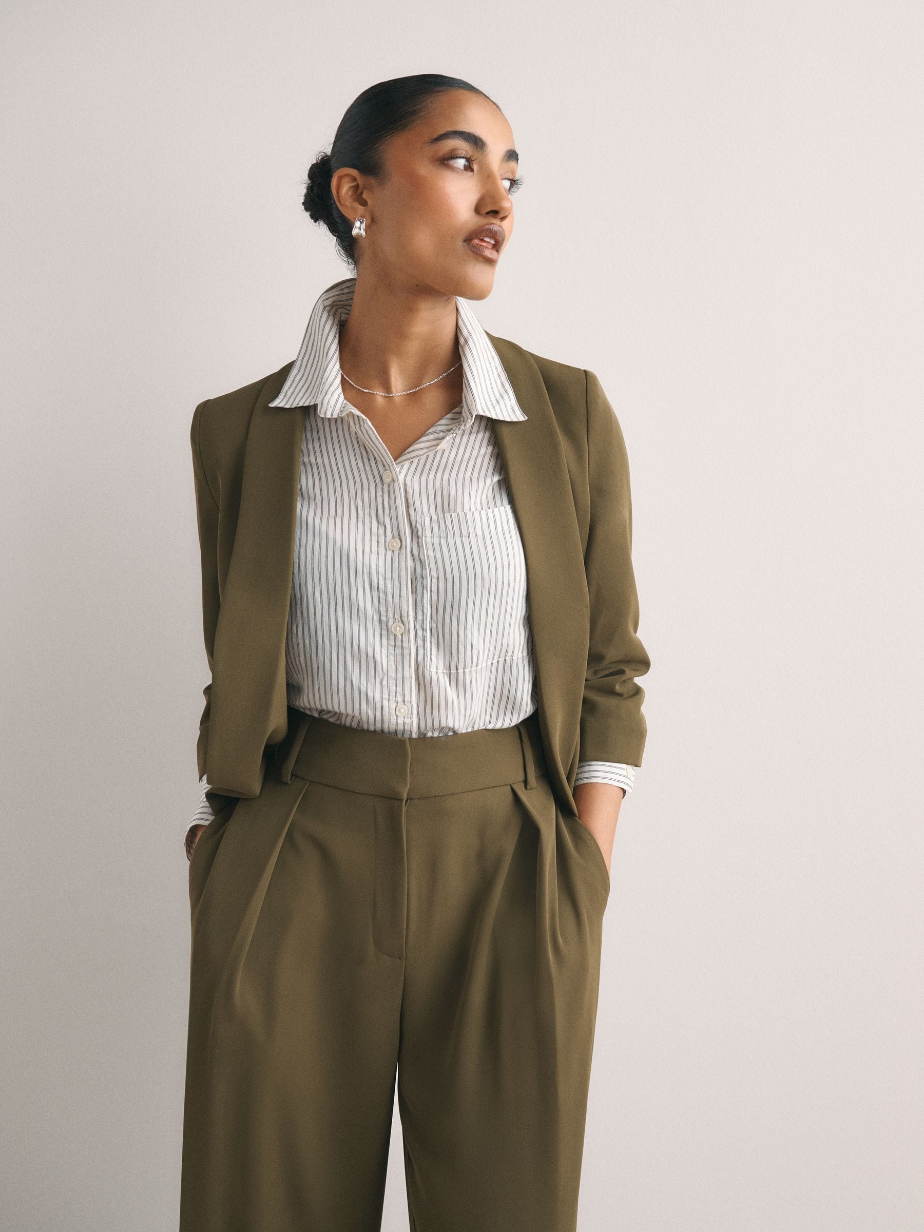 Relaxed Ruched Sleeve Blazer - Olive Green - Petite - SIP Worn