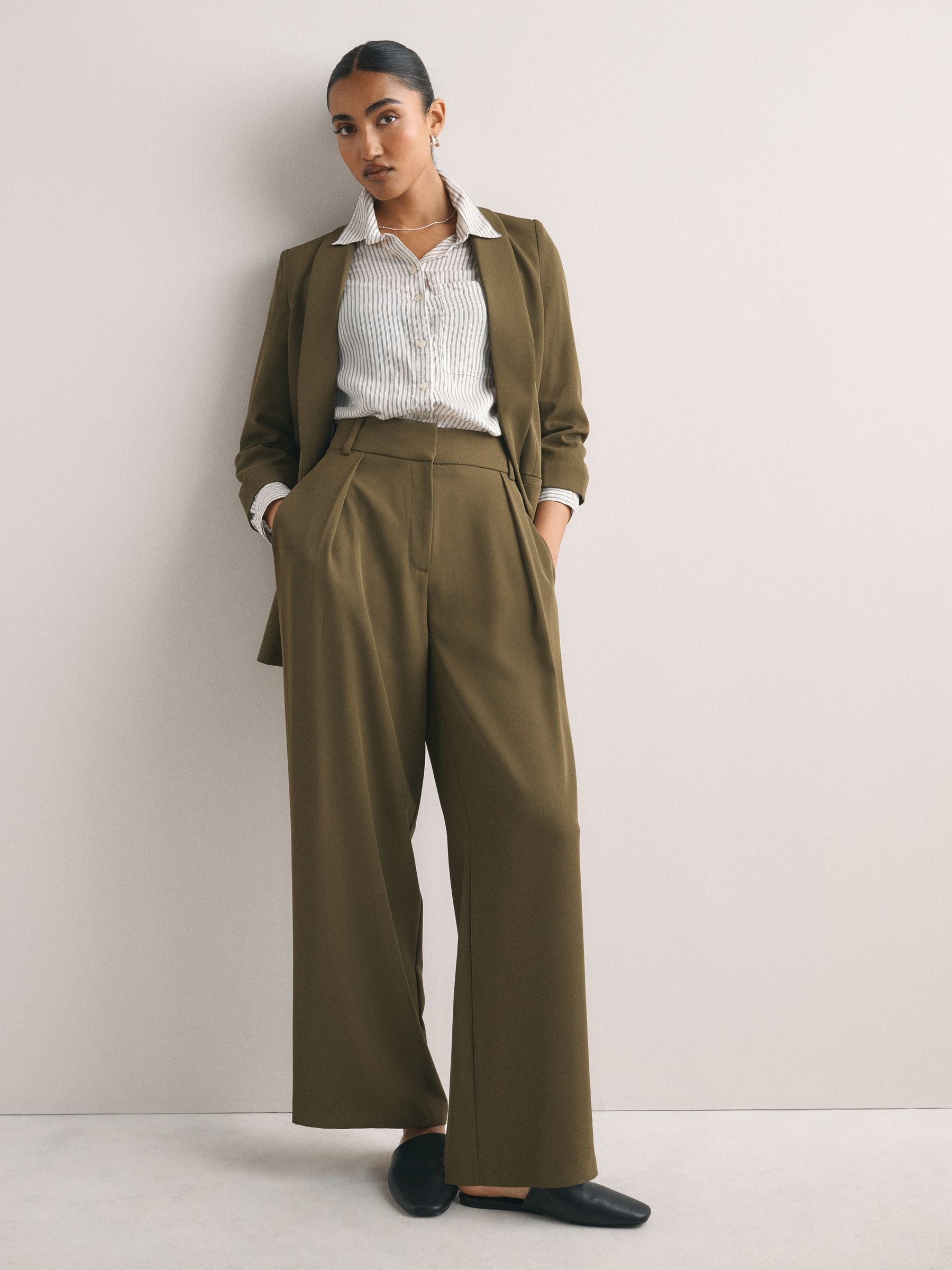 Relaxed Ruched Sleeve Blazer - Olive Green - Petite - SIP Worn