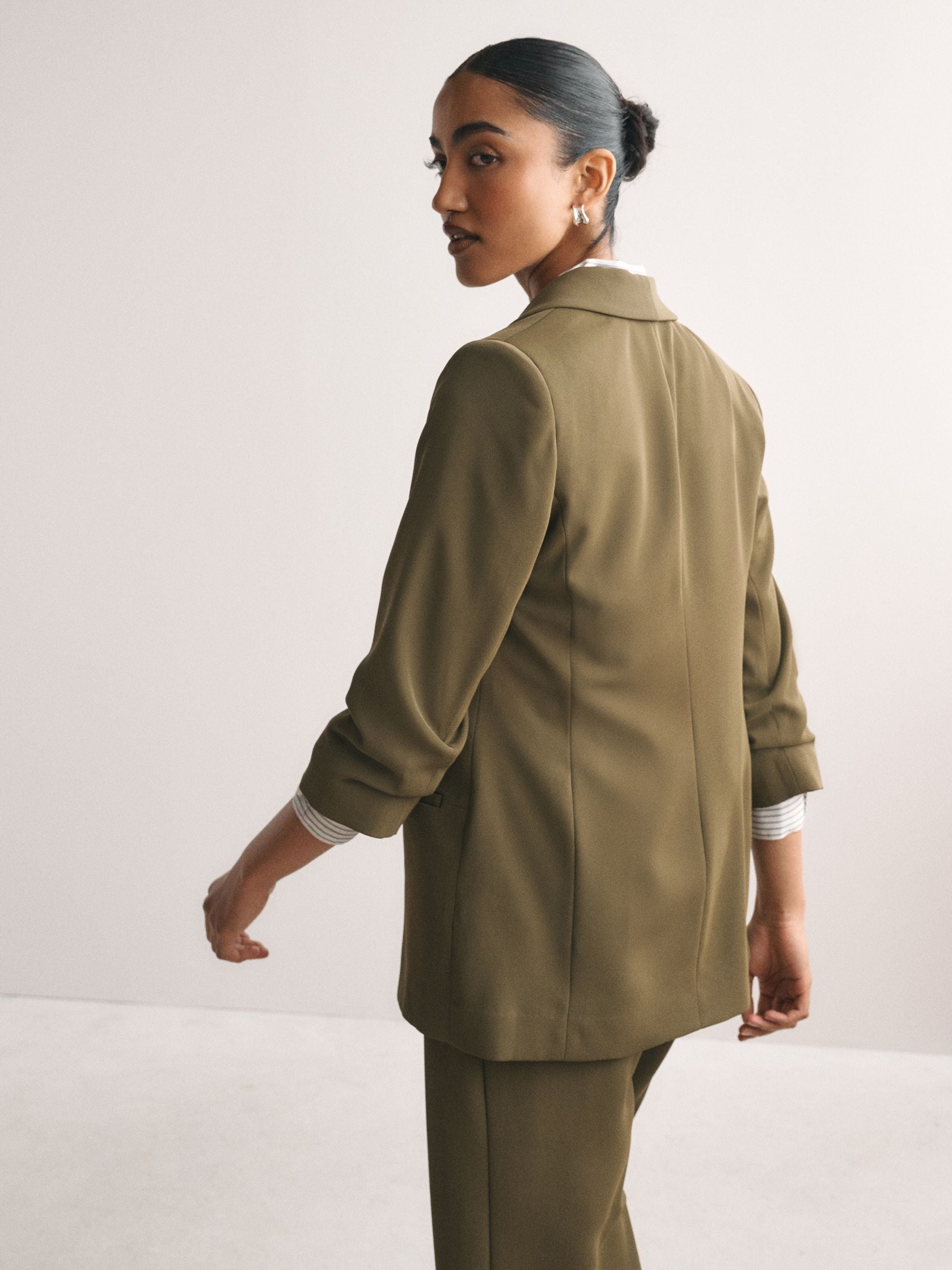 Relaxed Ruched Sleeve Blazer - Olive Green - Petite - SIP Worn