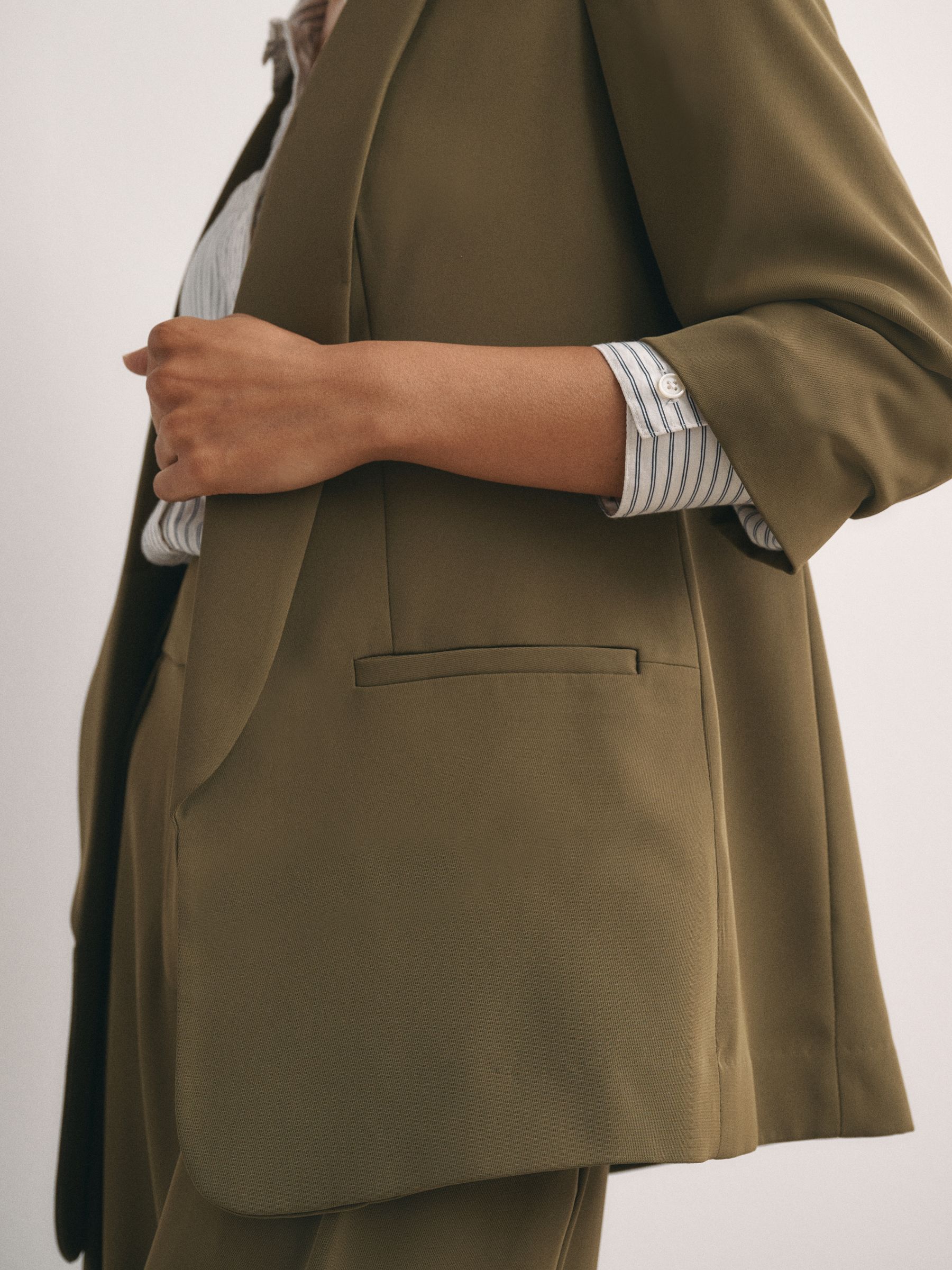 Relaxed Ruched Sleeve Blazer - Olive Green - Petite - SIP Worn