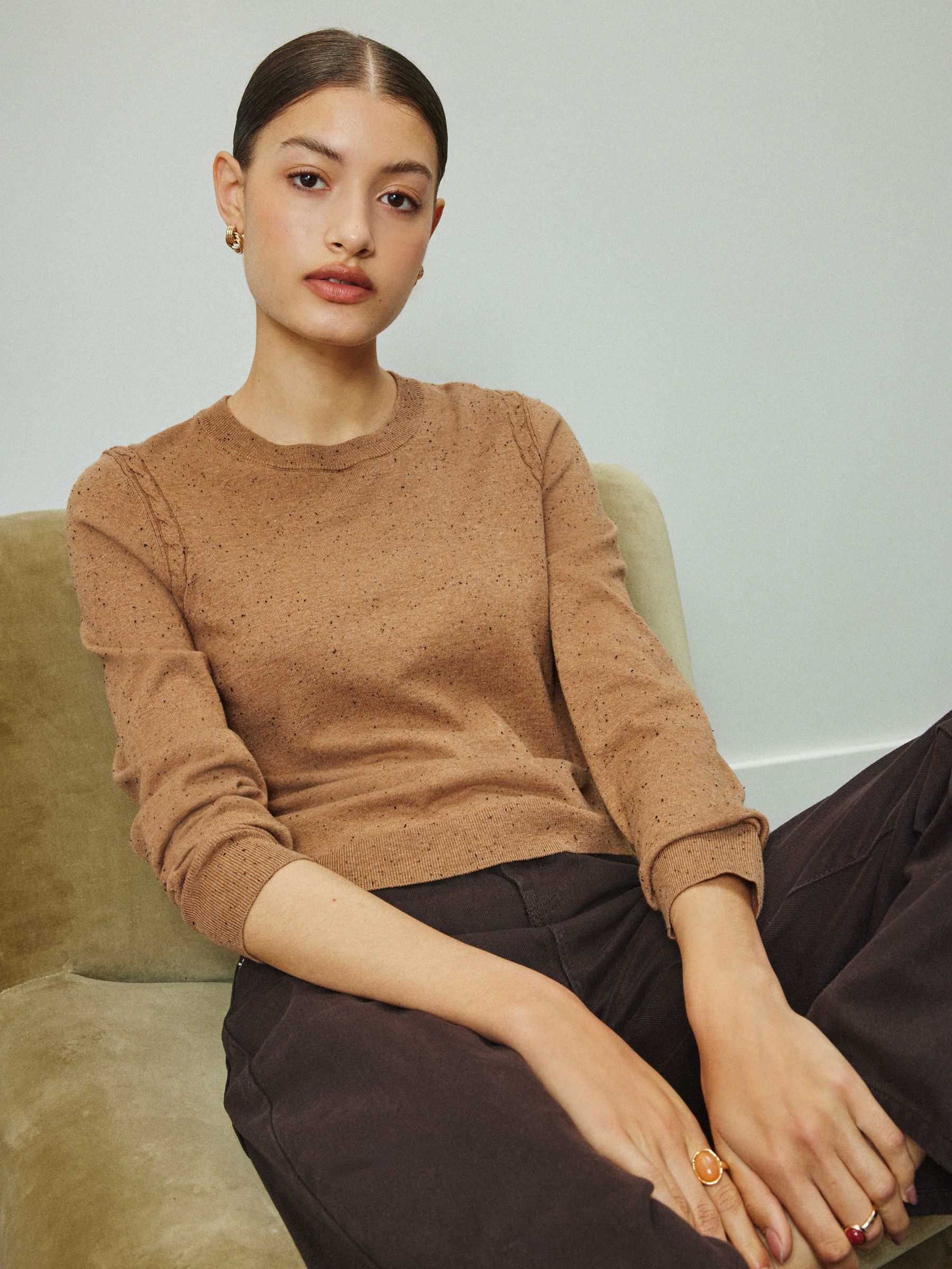 Cotton Rich Soft Touch Long Sleeve Crew Neck Jumper - Camel Neppy - Regular - Location Worn