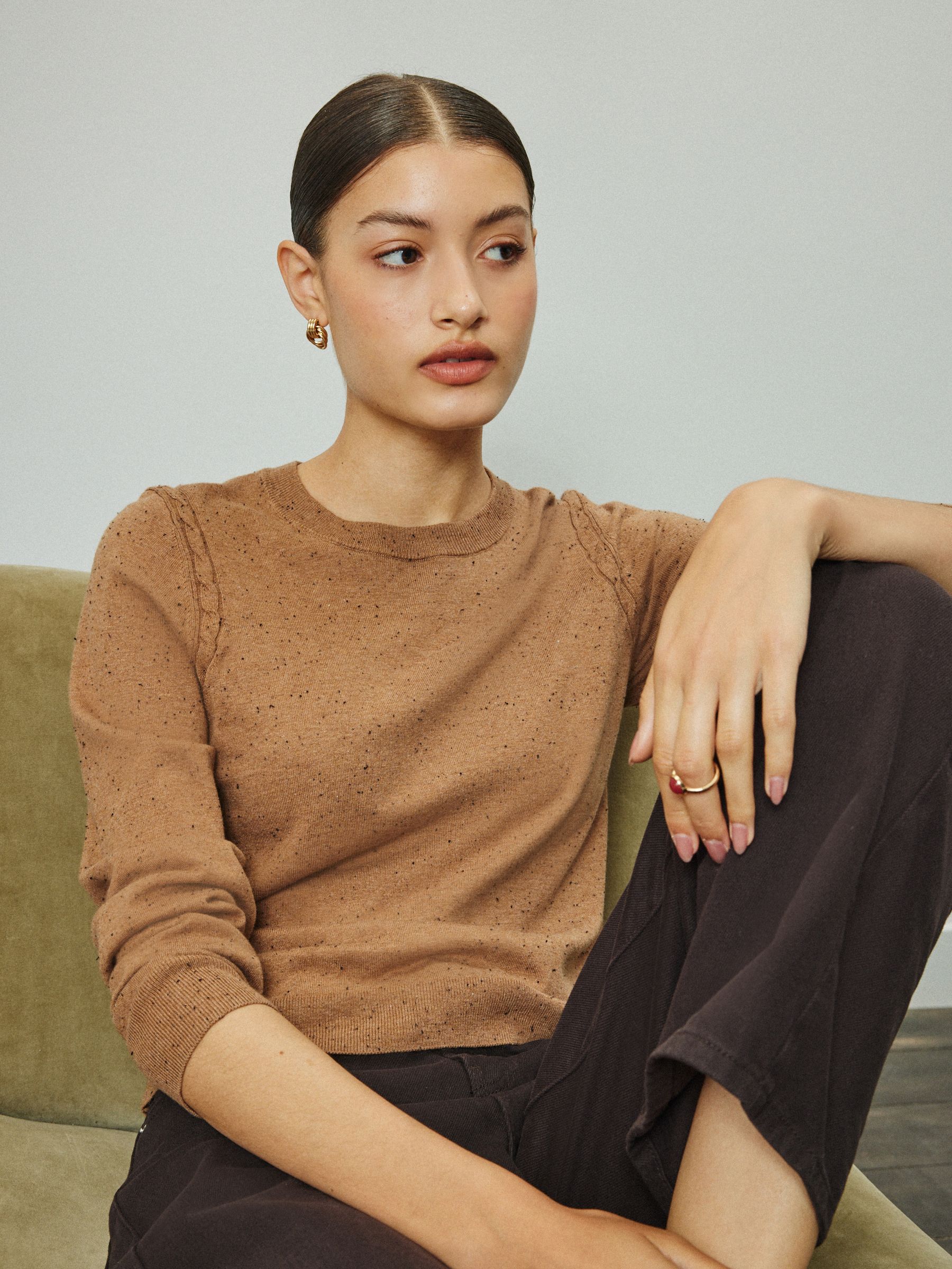 Cotton Rich Soft Touch Long Sleeve Crew Neck Jumper - Camel Neppy - Regular - Location Worn