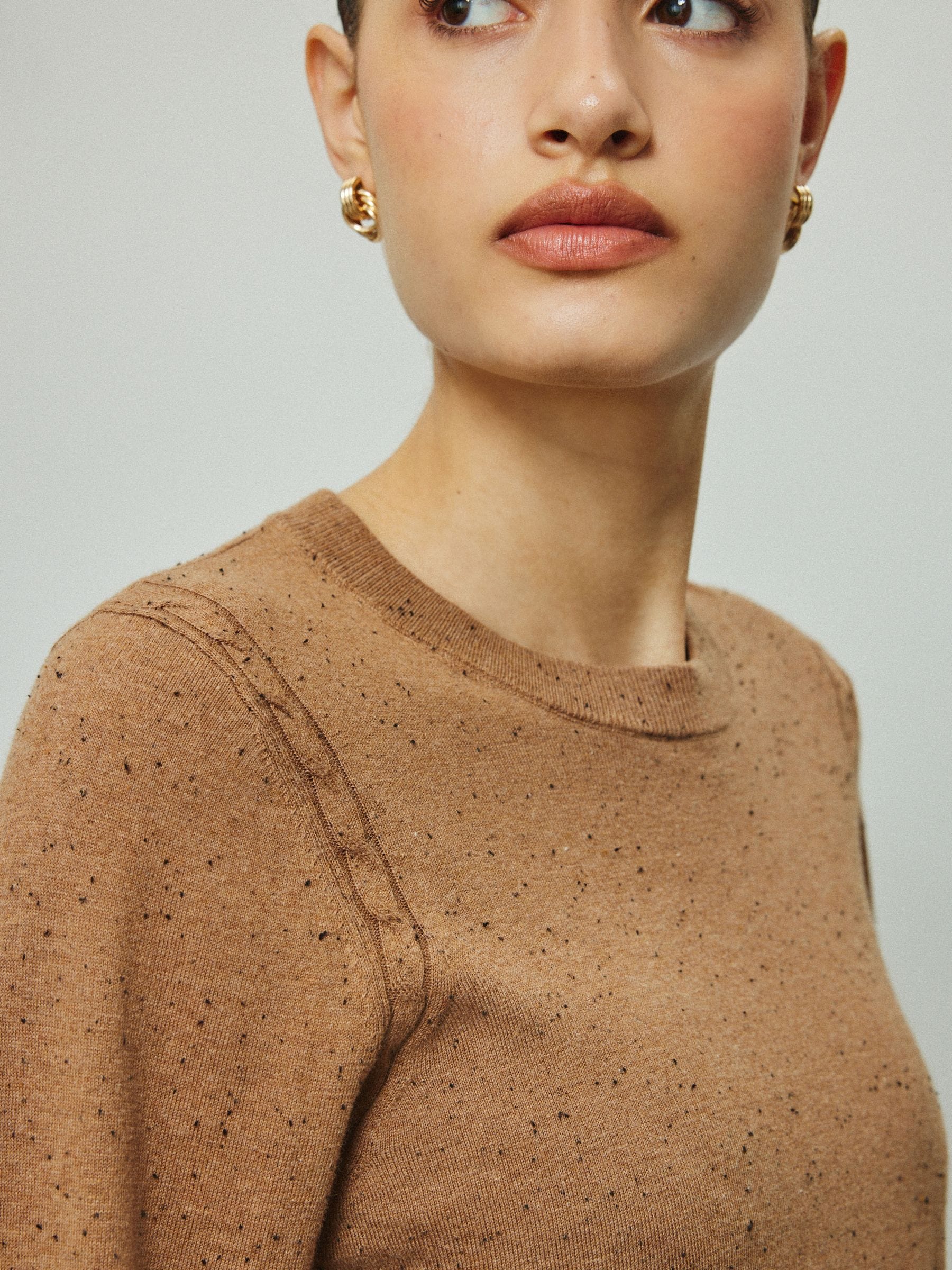 Cotton Rich Soft Touch Long Sleeve Crew Neck Jumper - Camel Neppy - Regular - Location Worn