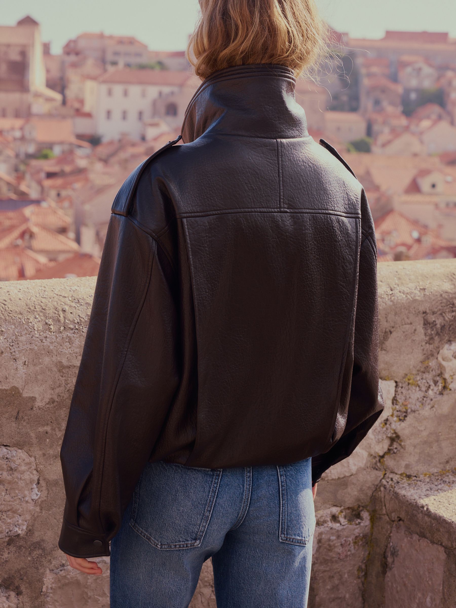 Textured Faux Leather Funnel Neck Bomber Jacket - Chocolate Brown - Regular - Location Worn