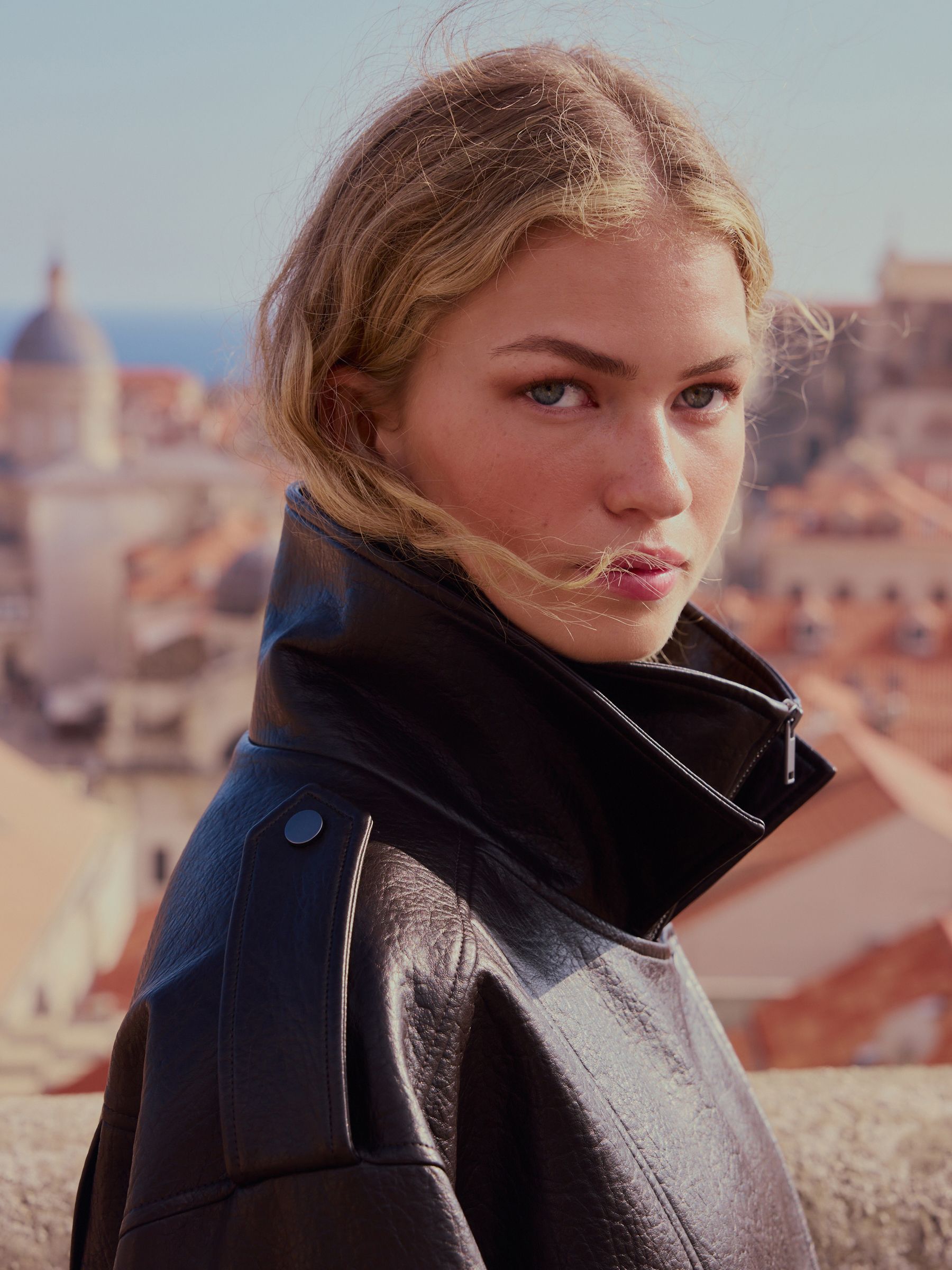 Textured Faux Leather Funnel Neck Bomber Jacket - Chocolate Brown - Regular - Location Worn