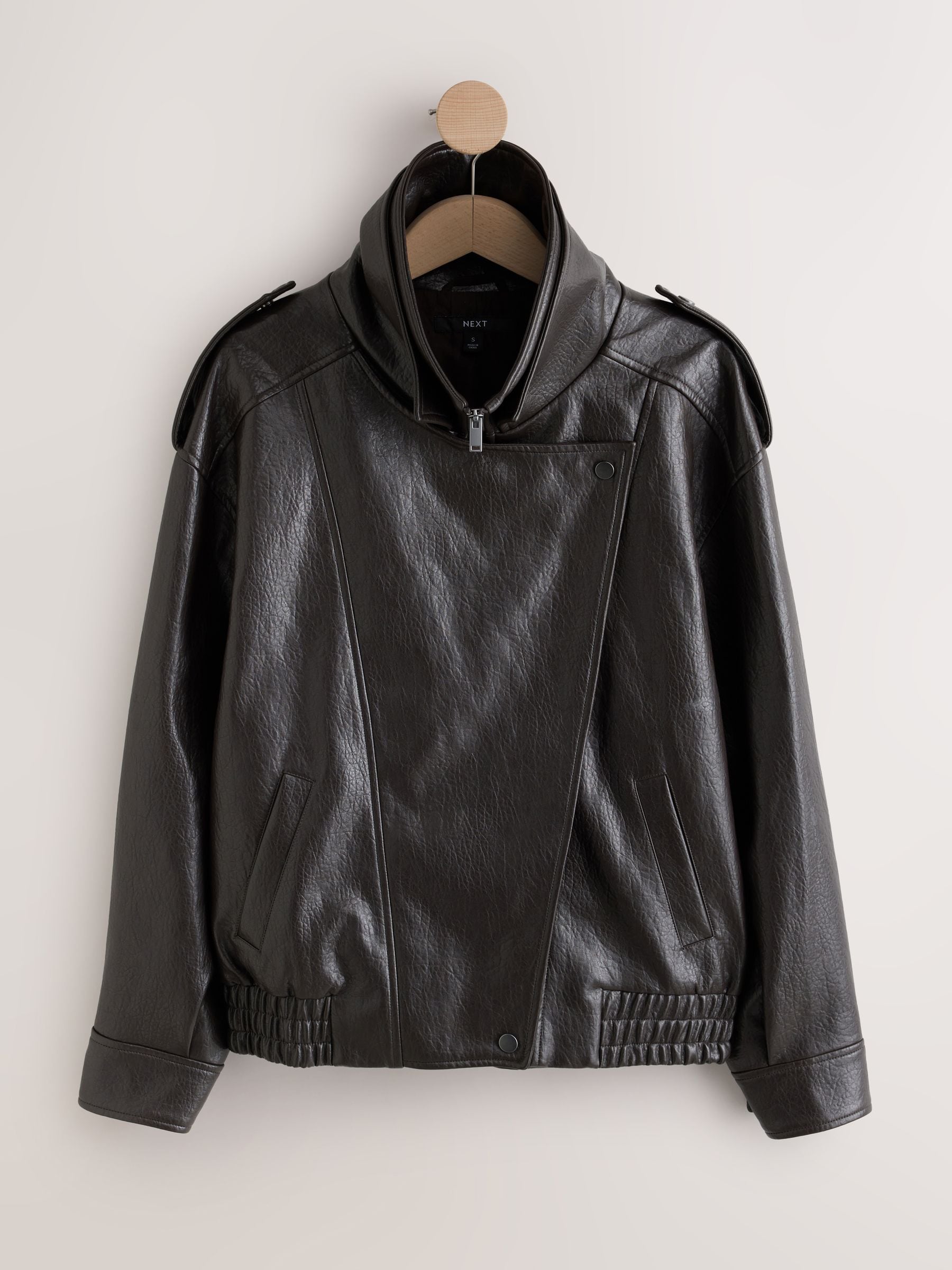 Textured Faux Leather Funnel Neck Bomber Jacket - Chocolate Brown - Regular - SIP Still Life