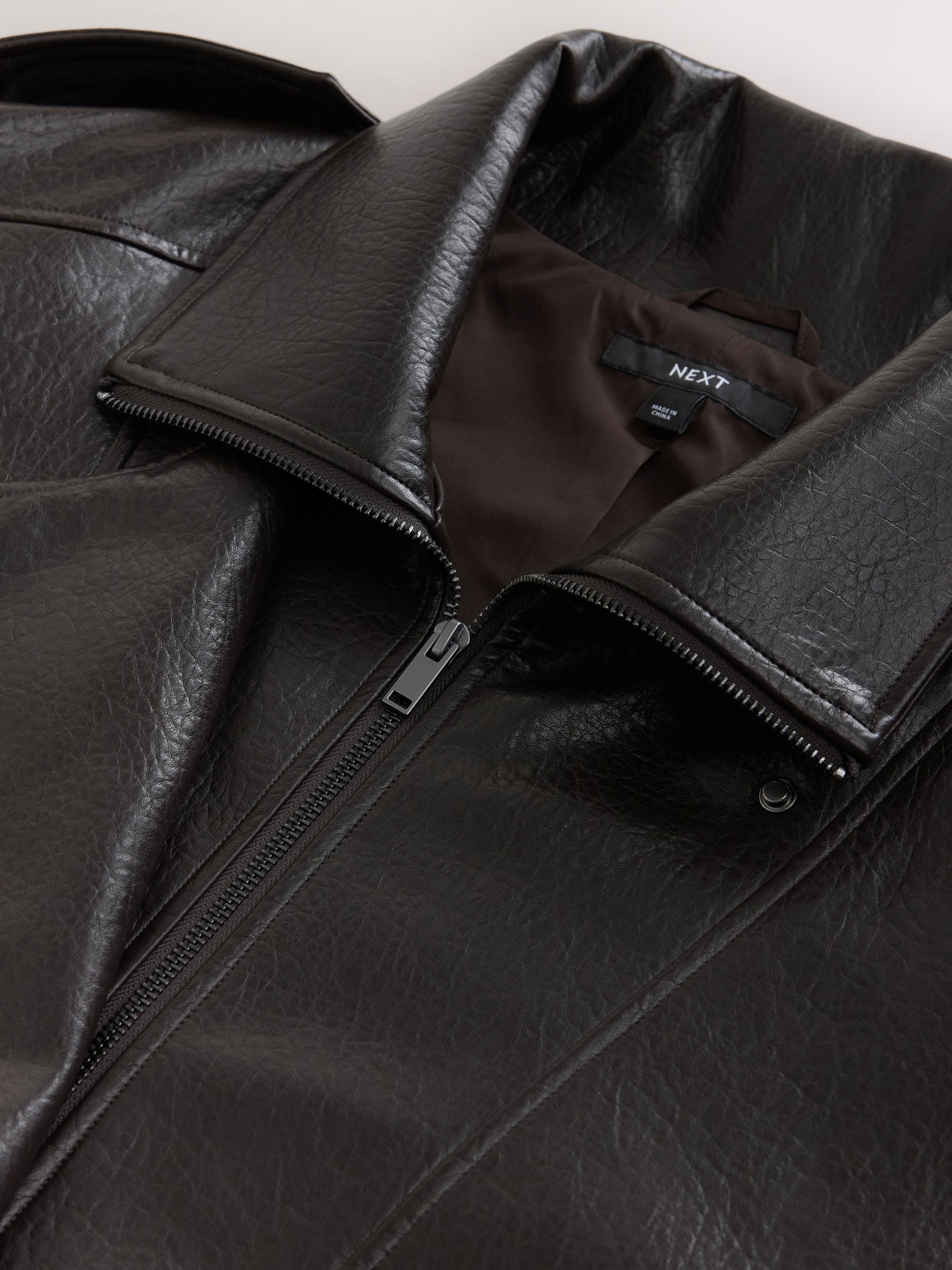 Textured Faux Leather Funnel Neck Bomber Jacket - Chocolate Brown - Regular - SIP Still Life