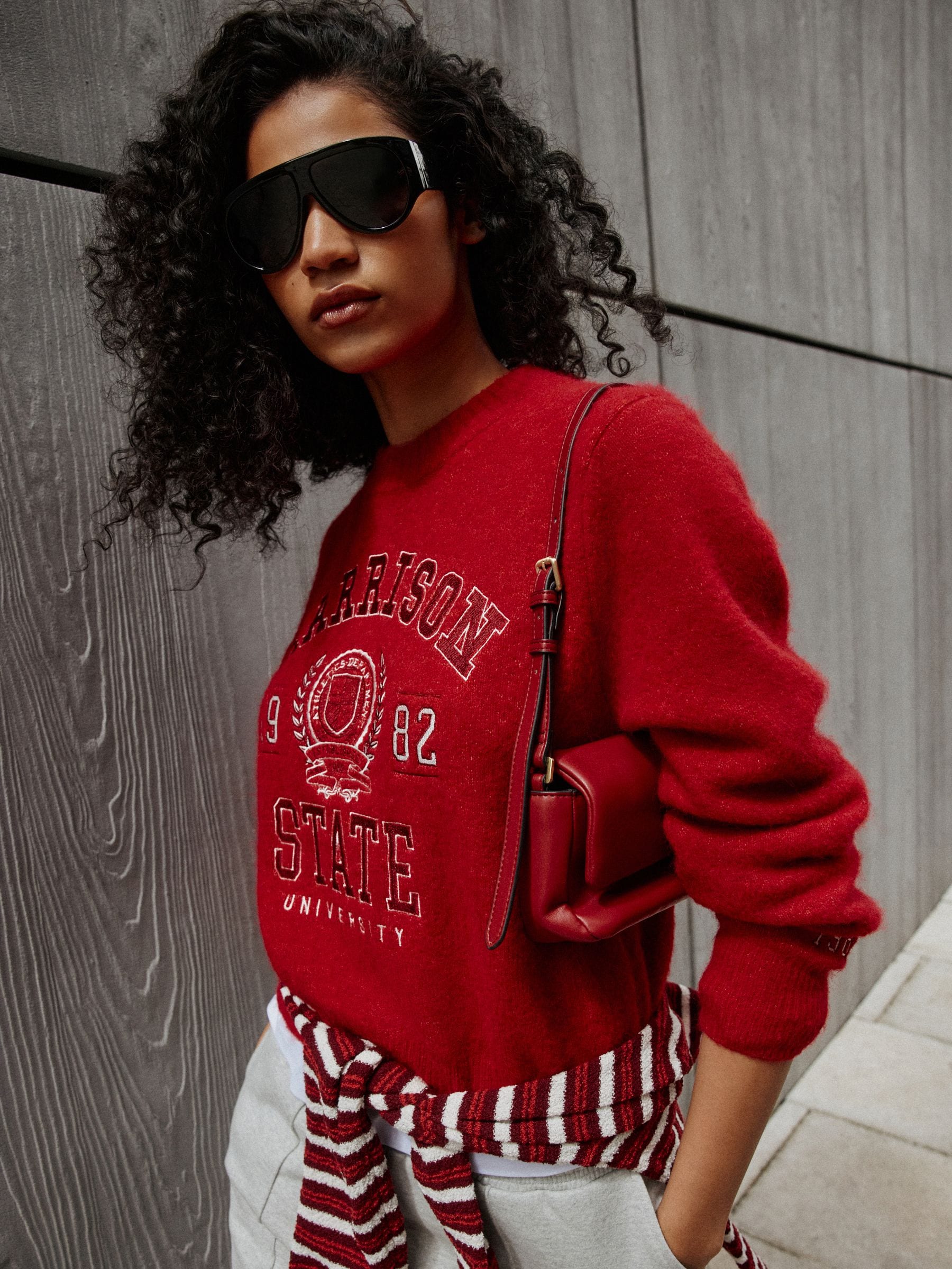 Long Sleeve Crew Neck Knitted Jumper With Wool - Red Collegiate Graphic - Regular - Location Worn
