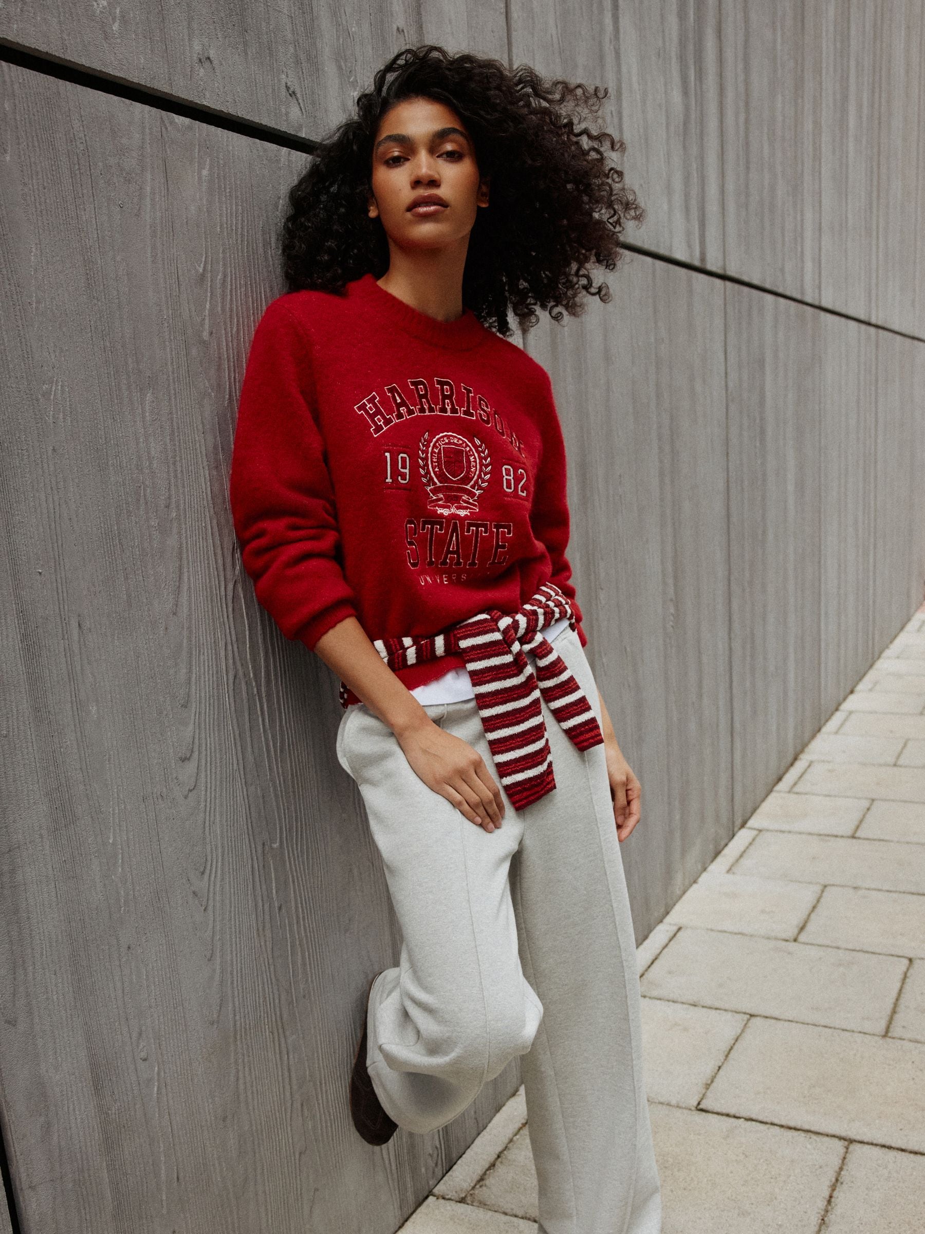 Long Sleeve Crew Neck Knitted Jumper With Wool - Red Collegiate Graphic - Regular - Location Worn