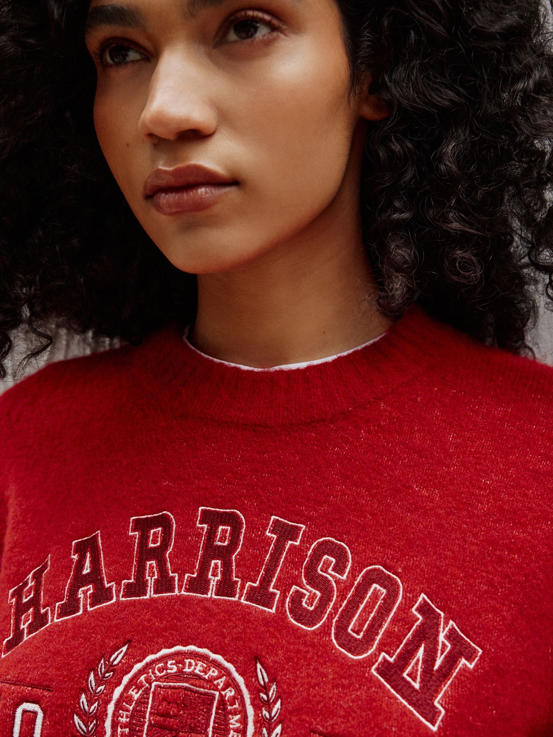 Long Sleeve Crew Neck Knitted Jumper With Wool - Red Collegiate Graphic - Regular - Location Worn