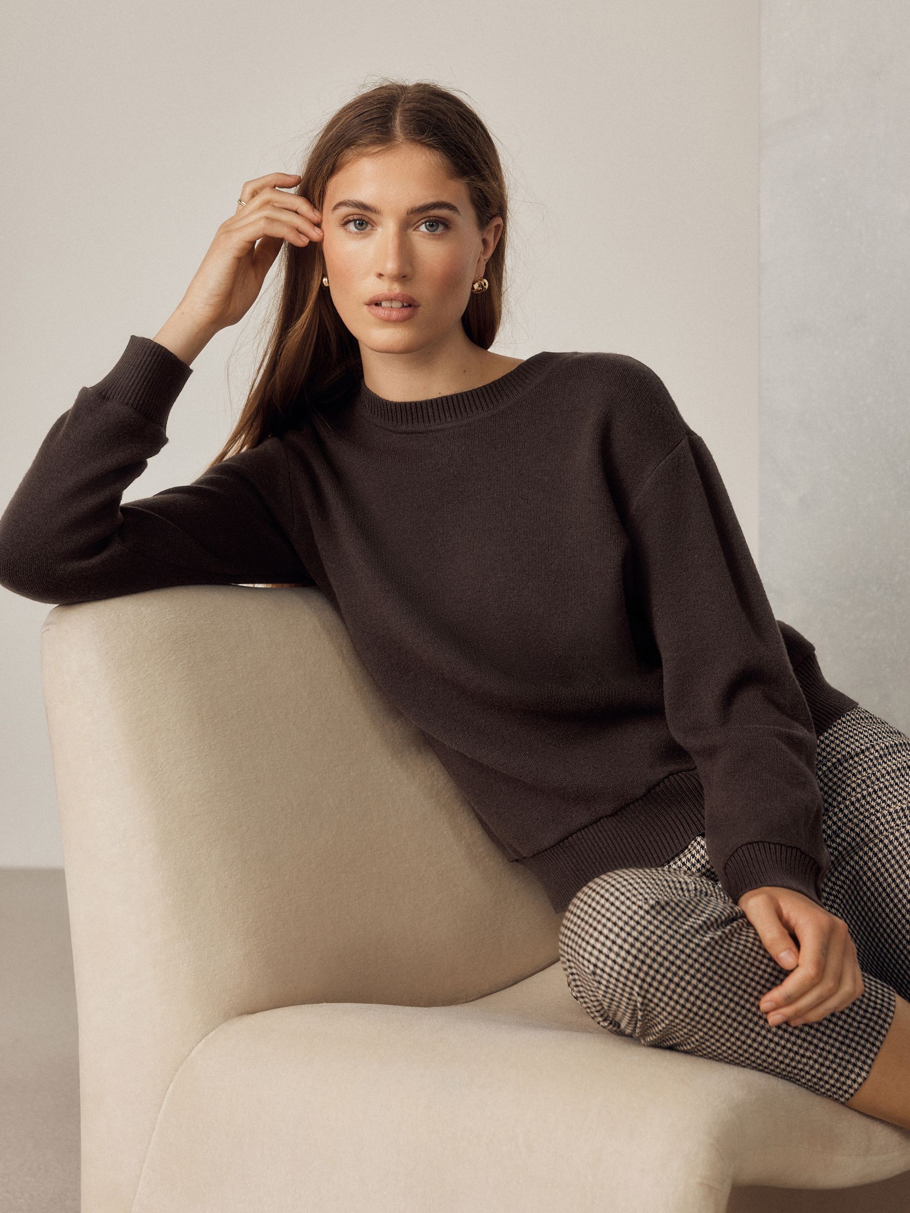 Long Sleeve Crew Neck Cosy Knit Jumper - Chocolate Brown - Regular - Location Worn