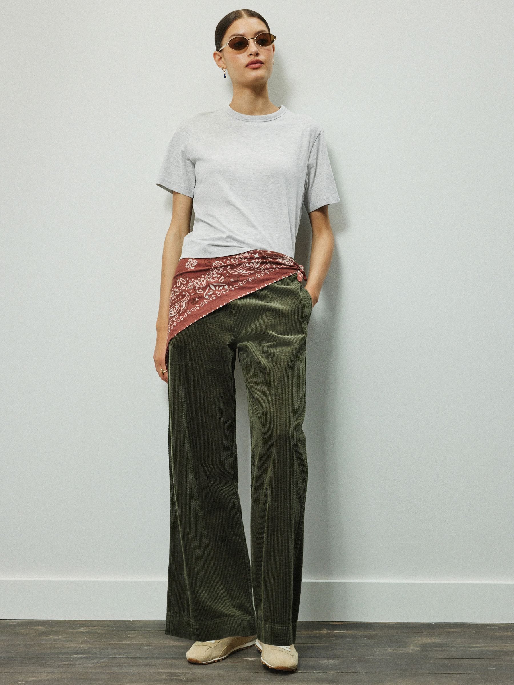 Wide Leg Soft Cord Trousers - Khaki Green - Regular - Location Worn