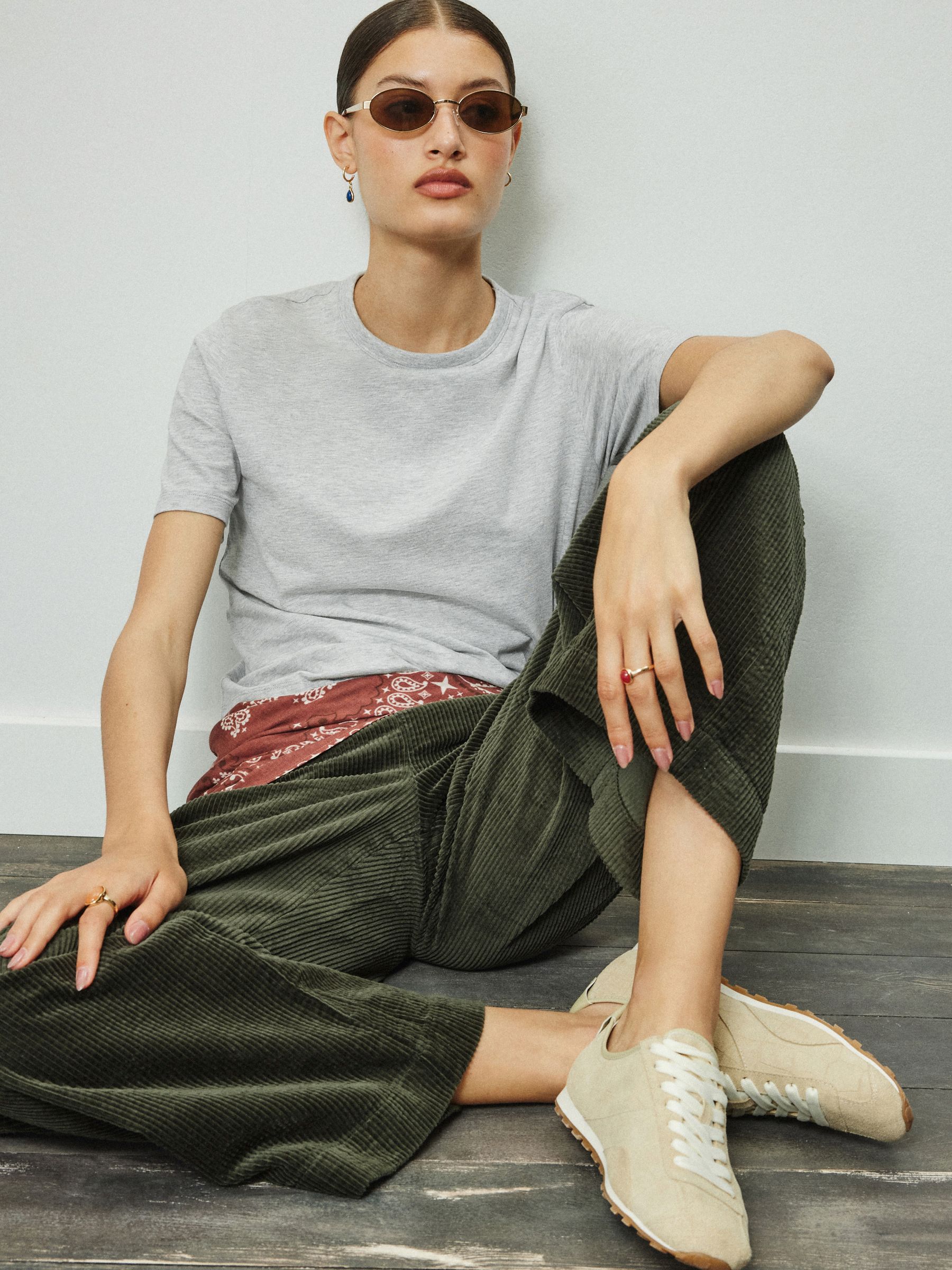 Wide Leg Soft Cord Trousers - Khaki Green - Regular - Location Worn