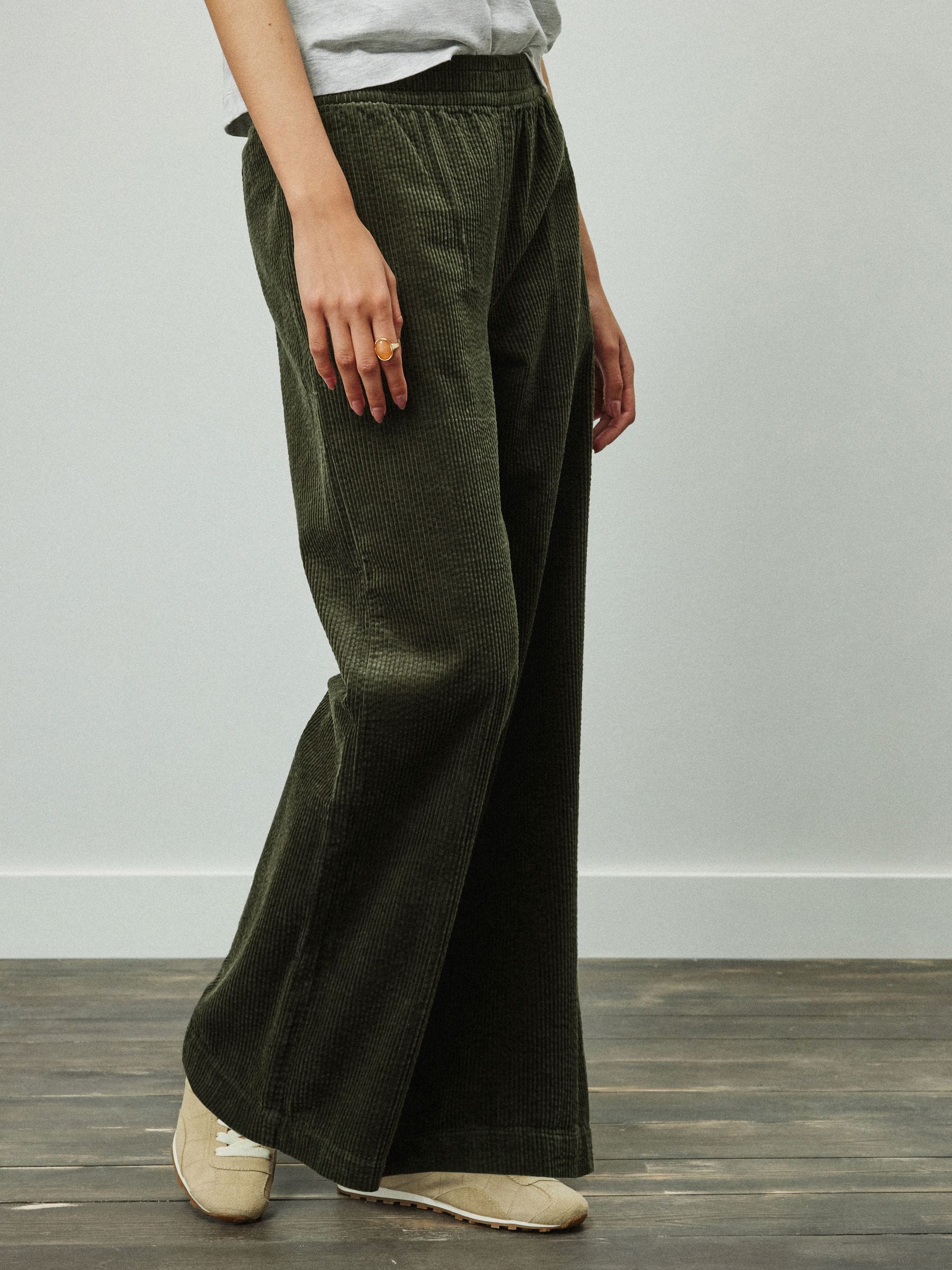 Wide Leg Soft Cord Trousers - Khaki Green - Regular - Location Worn