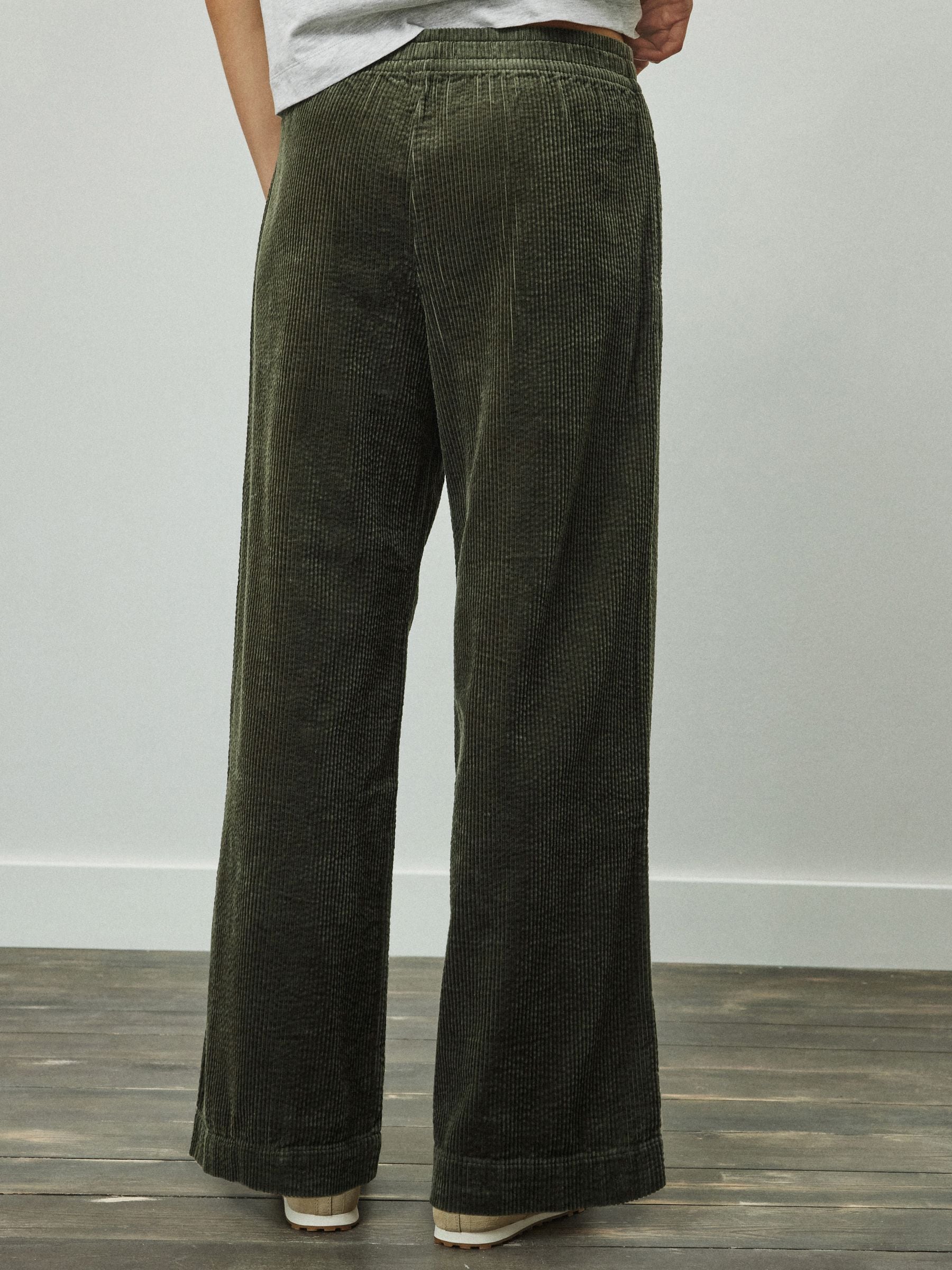 Wide Leg Soft Cord Trousers - Khaki Green - Regular - Location Worn