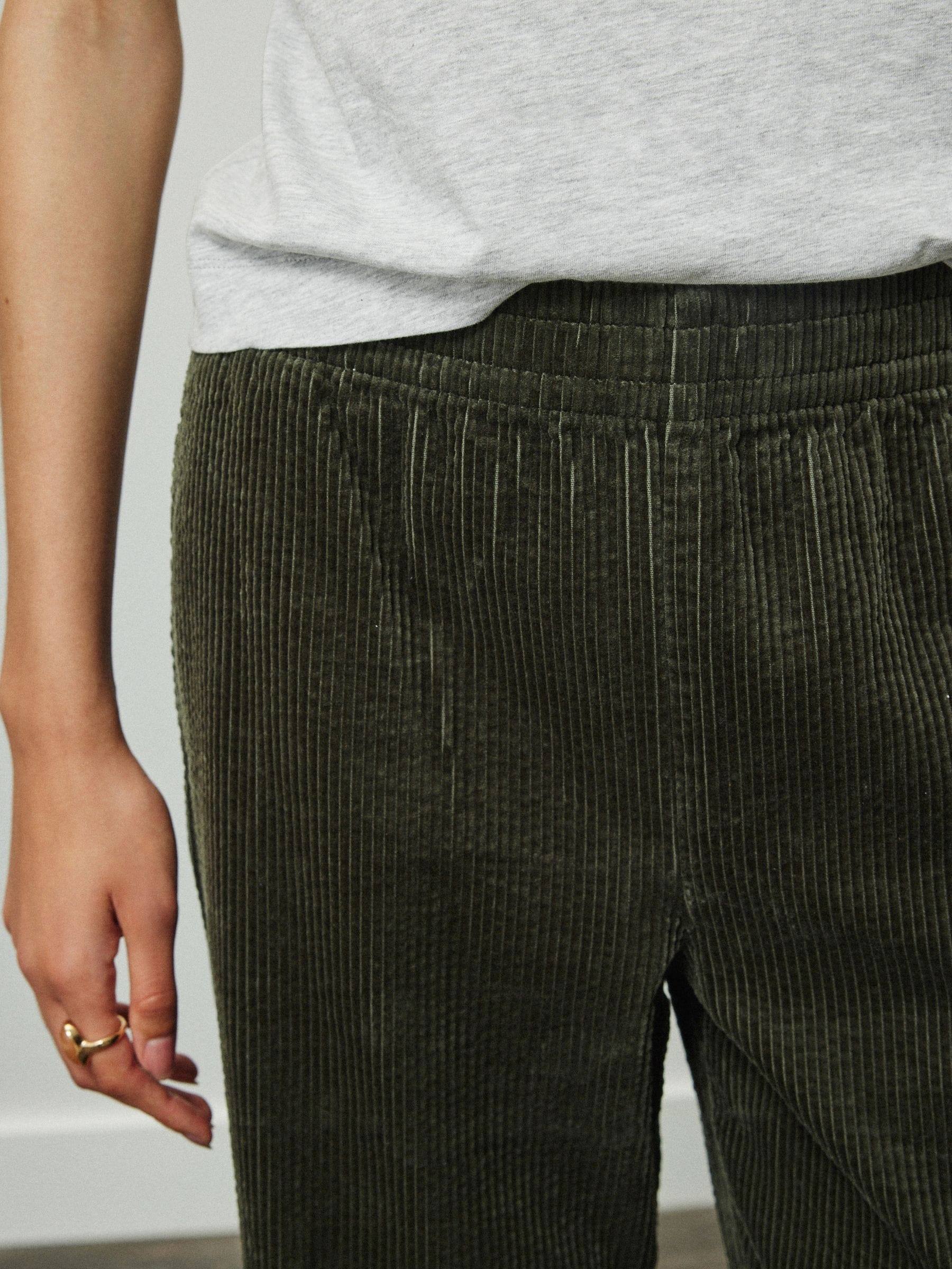 Wide Leg Soft Cord Trousers - Khaki Green - Regular - Location Worn