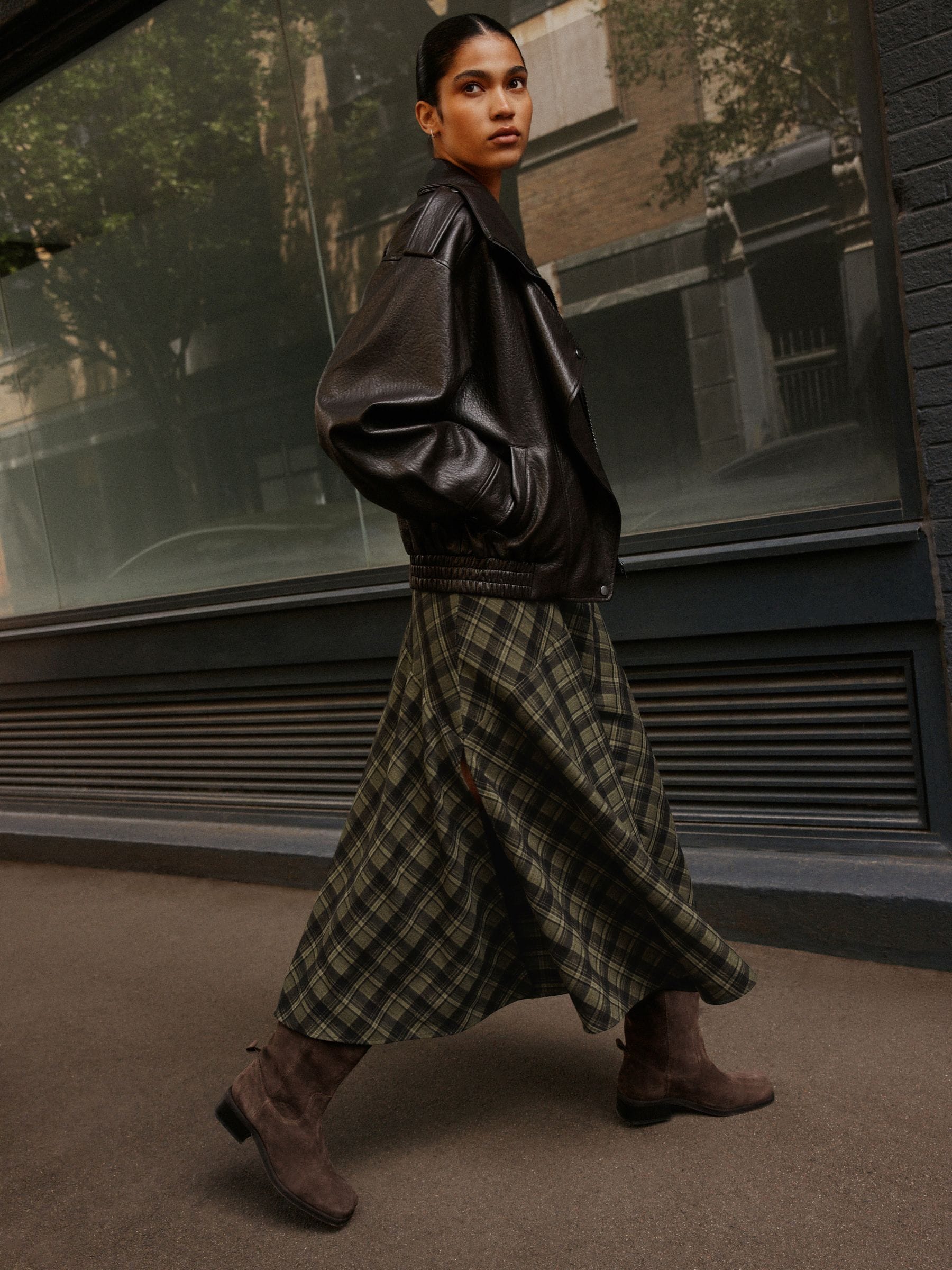 Drop Waist Brushed Maxi Skirt - Green/Black Check - Regular - Location Worn