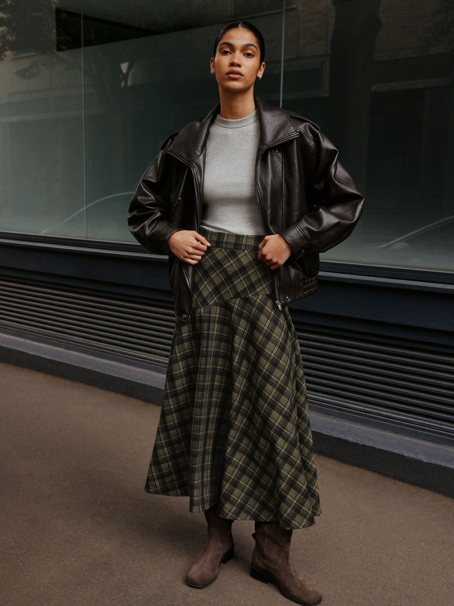 Drop Waist Brushed Maxi Skirt - Green/Black Check - Regular - Location Worn