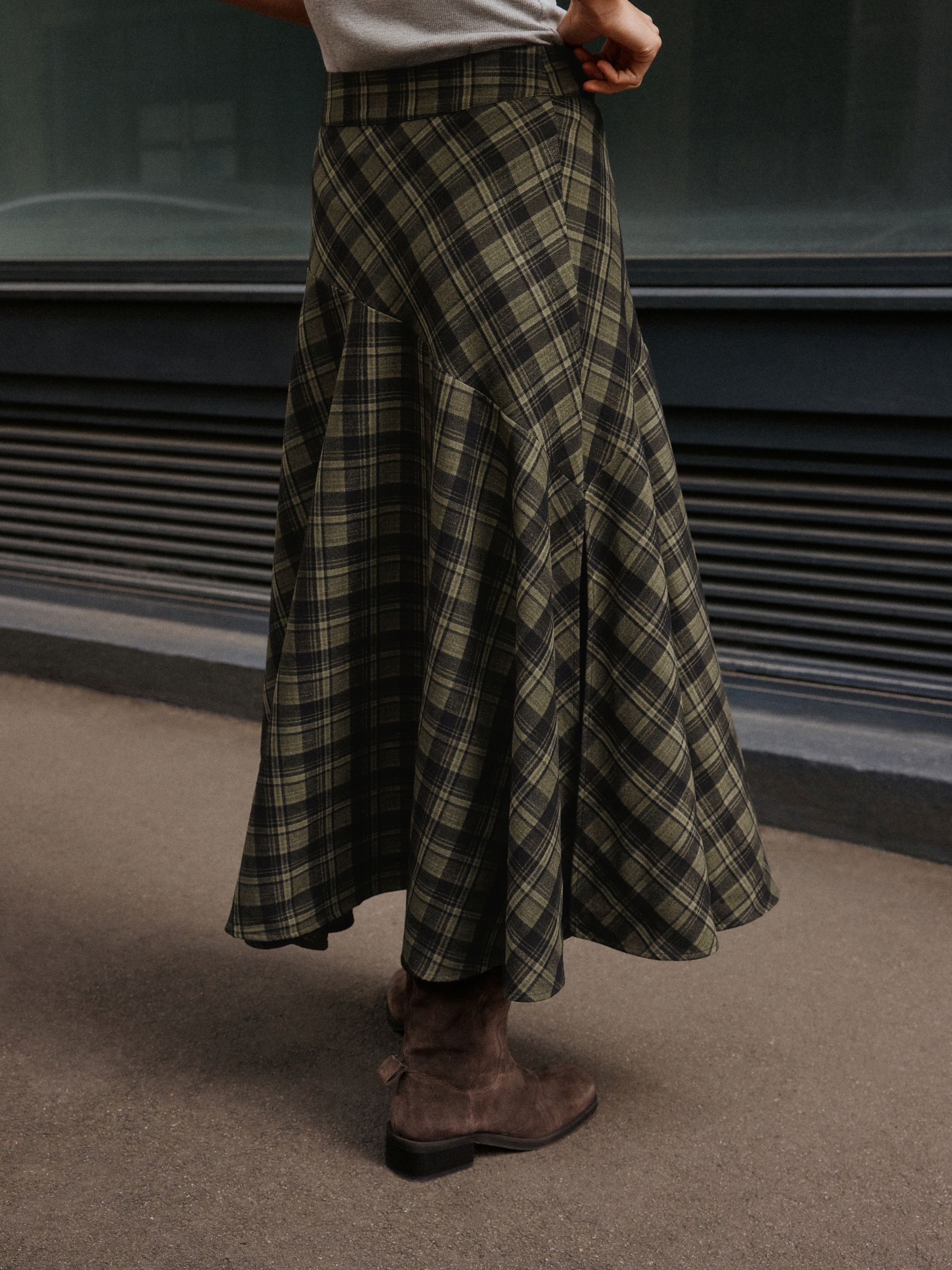 Drop Waist Brushed Maxi Skirt - Green/Black Check - Regular - Location Worn