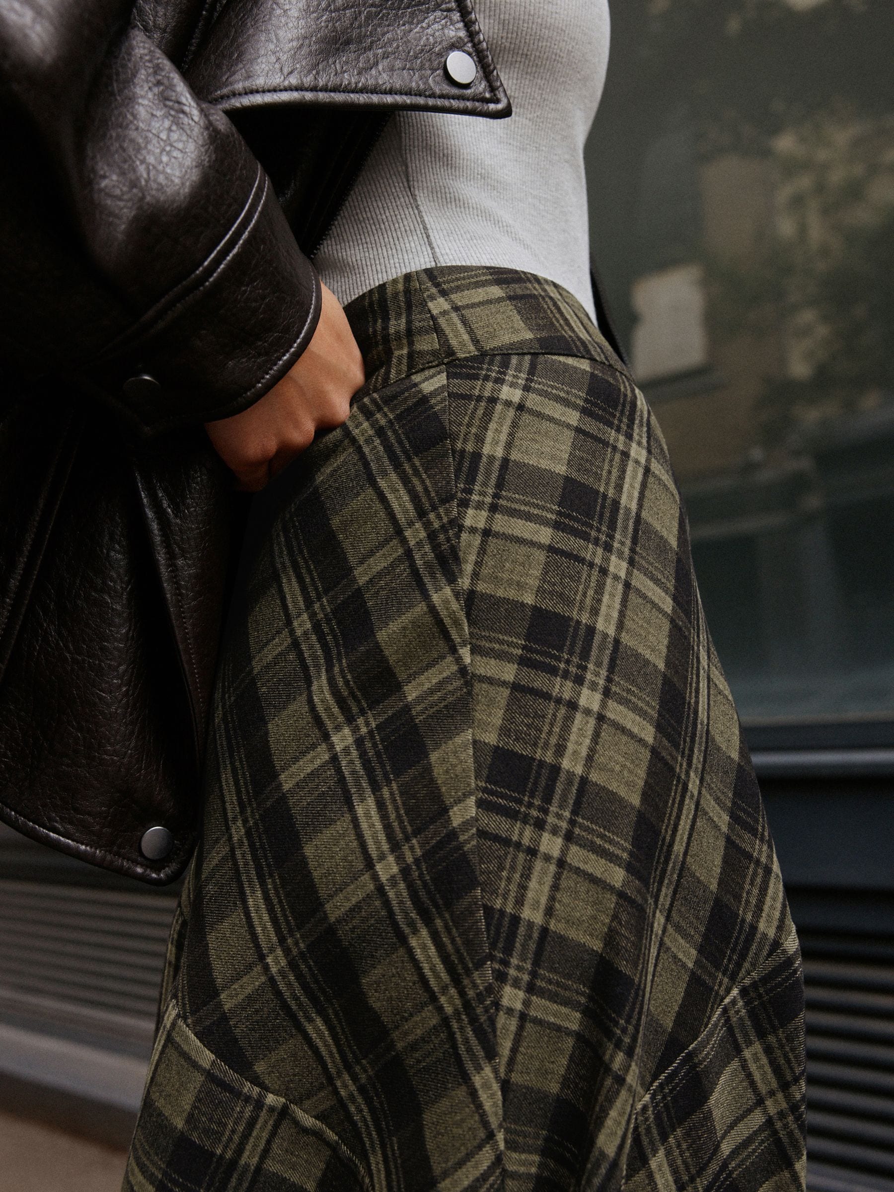 Drop Waist Brushed Maxi Skirt - Green/Black Check - Regular - Location Worn