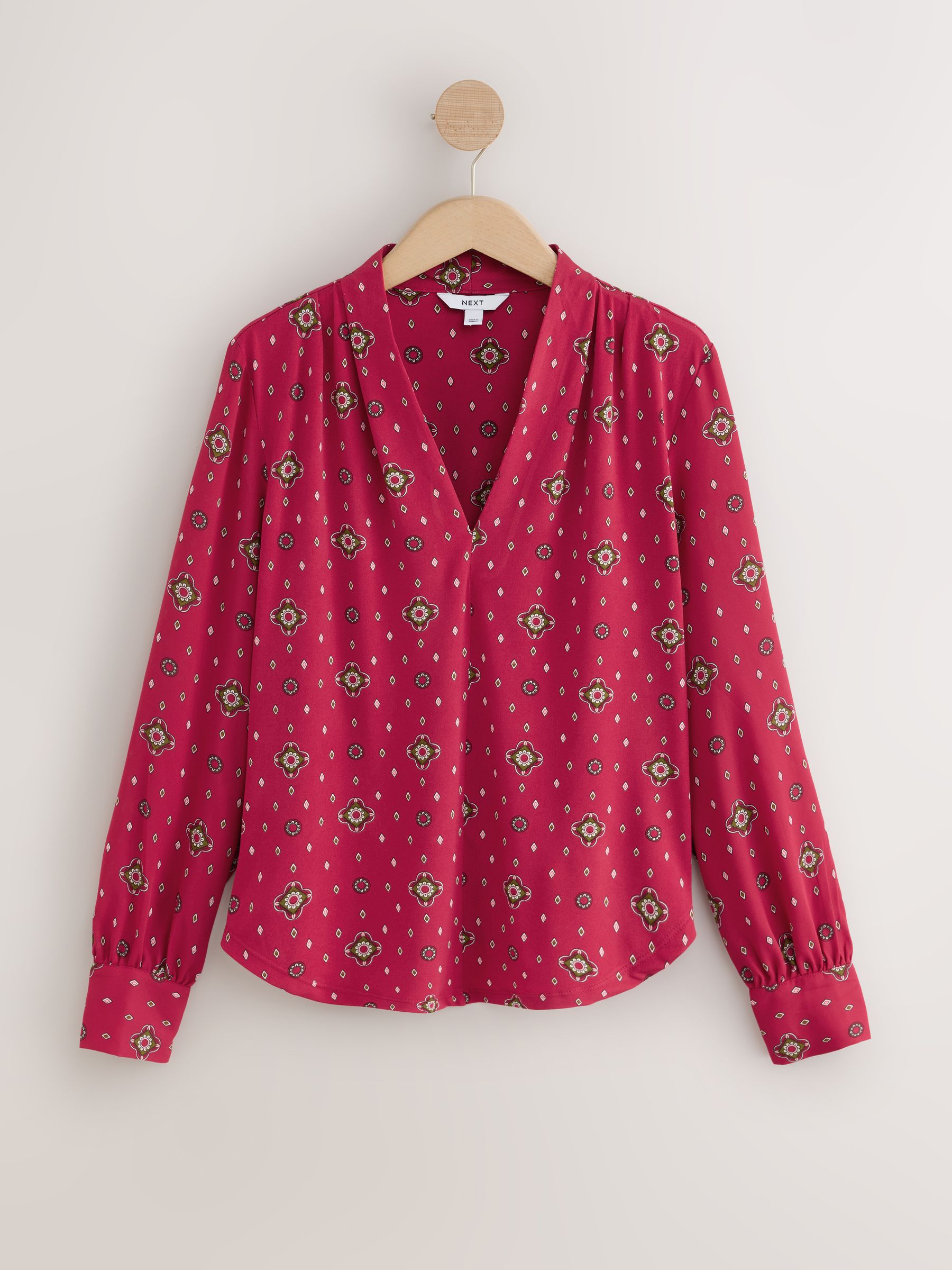 Long Sleeve V-Neck Cuff Top - Red Print - Regular - SIP Still Life