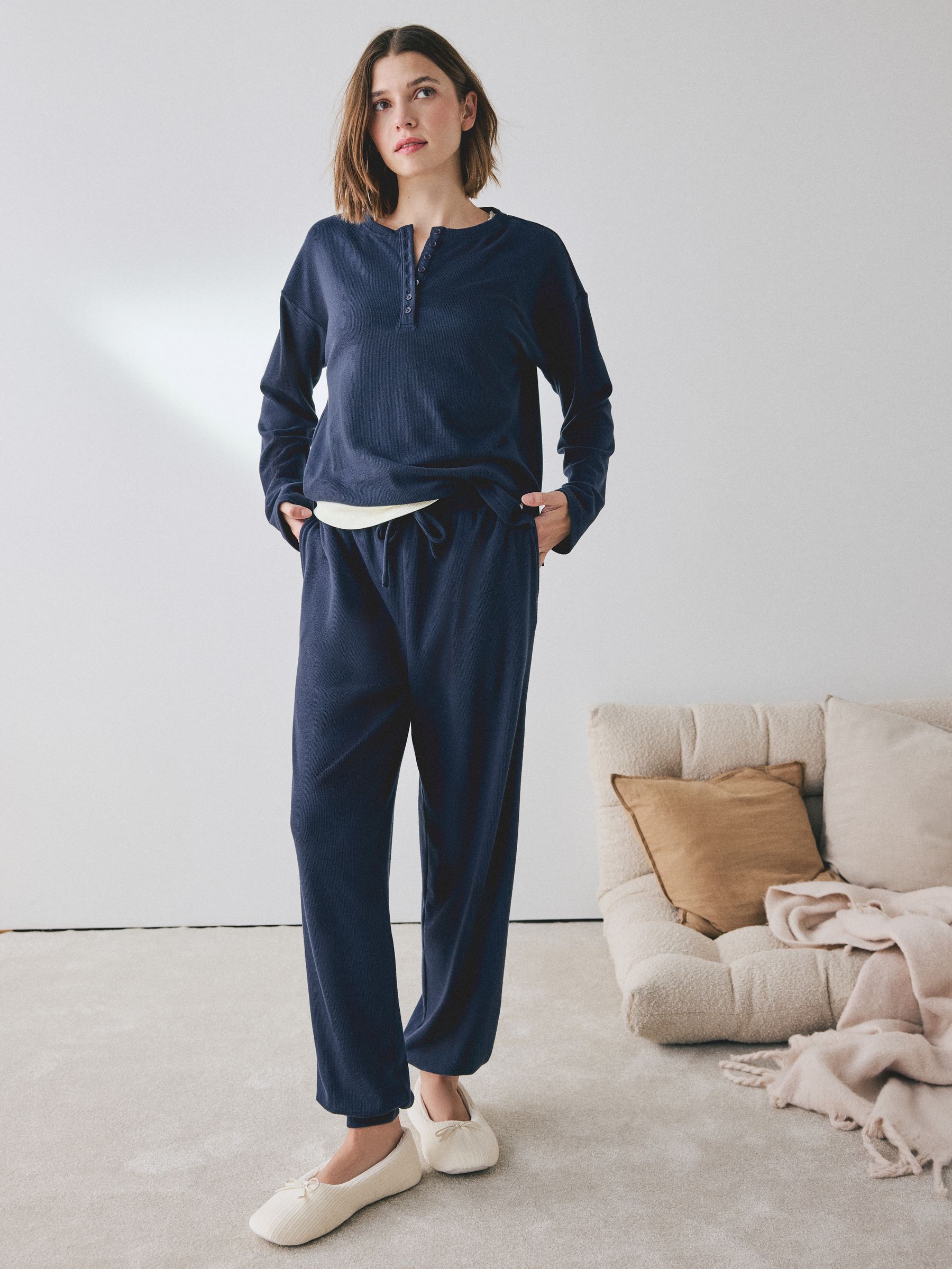 Cosy Waffle Long Sleeve Henley Pyjamas - Navy - Regular - SIP Worn