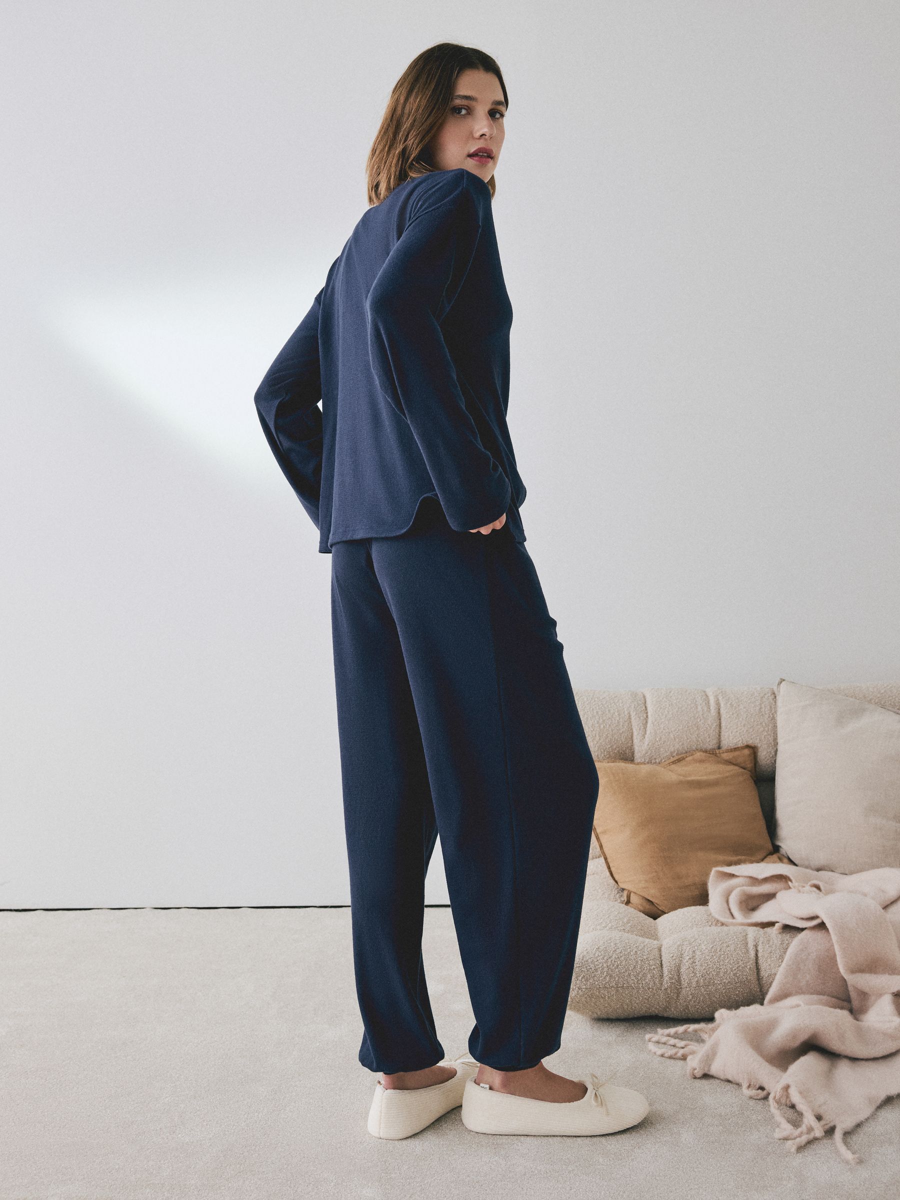 Cosy Waffle Long Sleeve Henley Pyjamas - Navy - Regular - SIP Worn