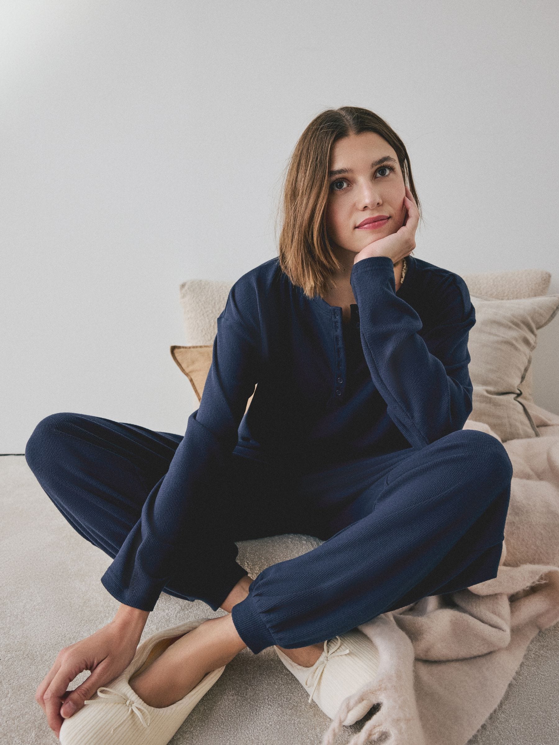Cosy Waffle Long Sleeve Henley Pyjamas - Navy - Regular - SIP Worn