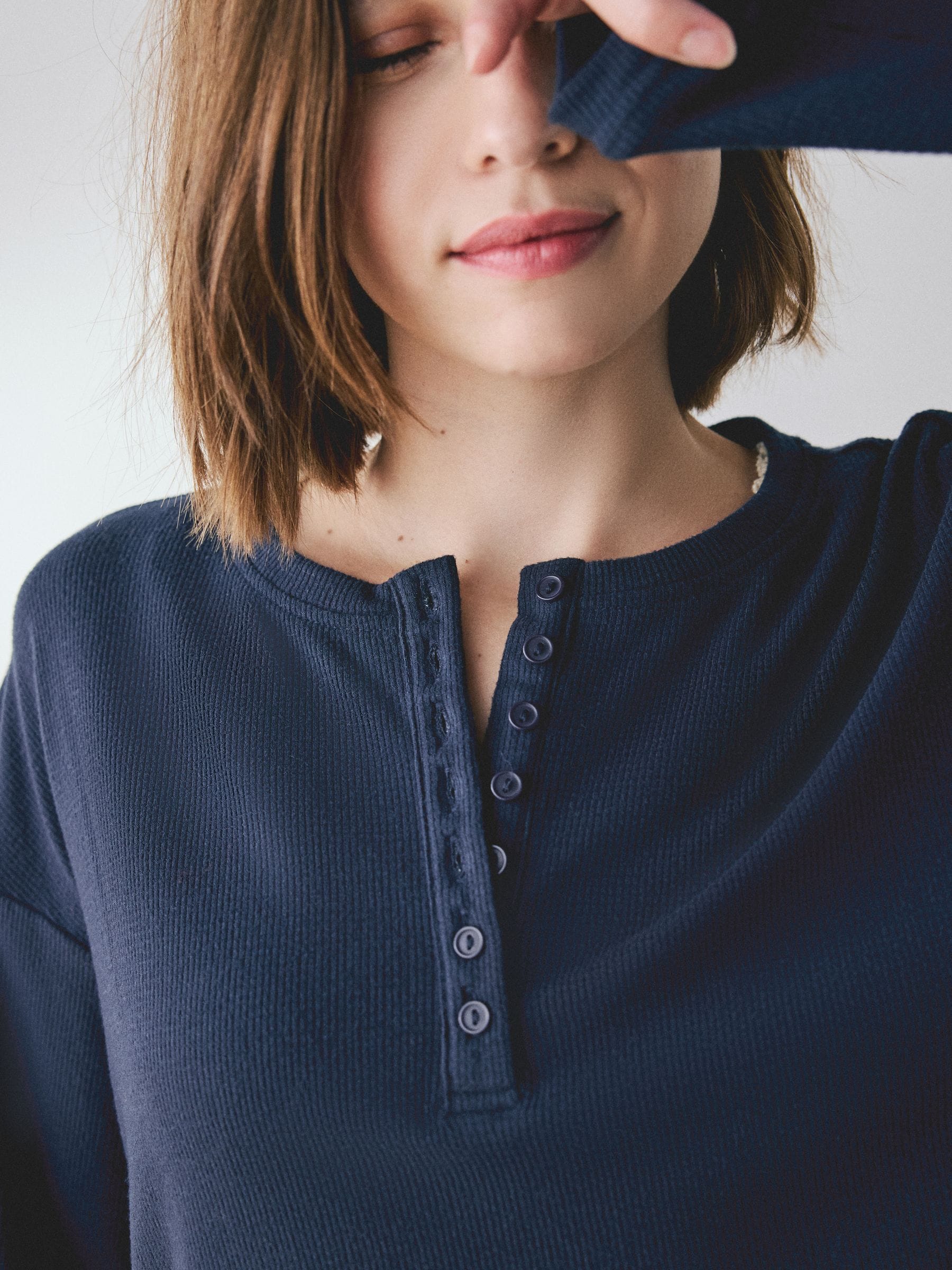 Cosy Waffle Long Sleeve Henley Pyjamas - Navy - Regular - SIP Worn