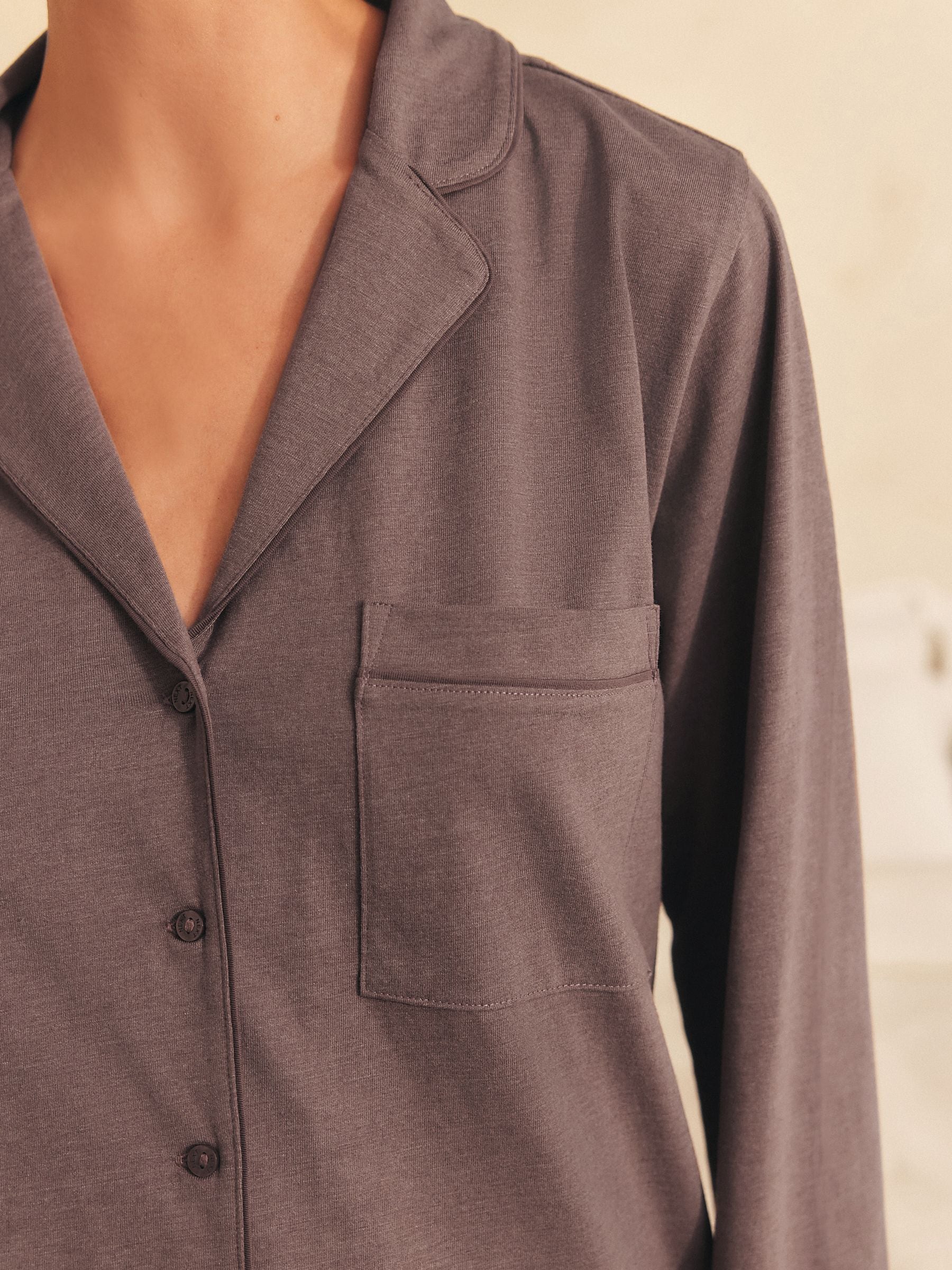 Jersey Button Through Pyjamas - Mocha Brown - Regular - Location Worn