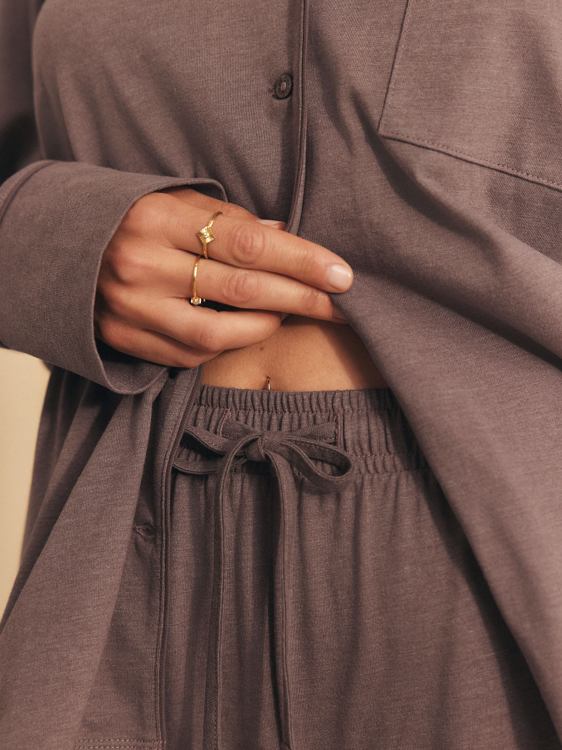 Jersey Button Through Pyjamas - Mocha Brown - Regular - Location Worn