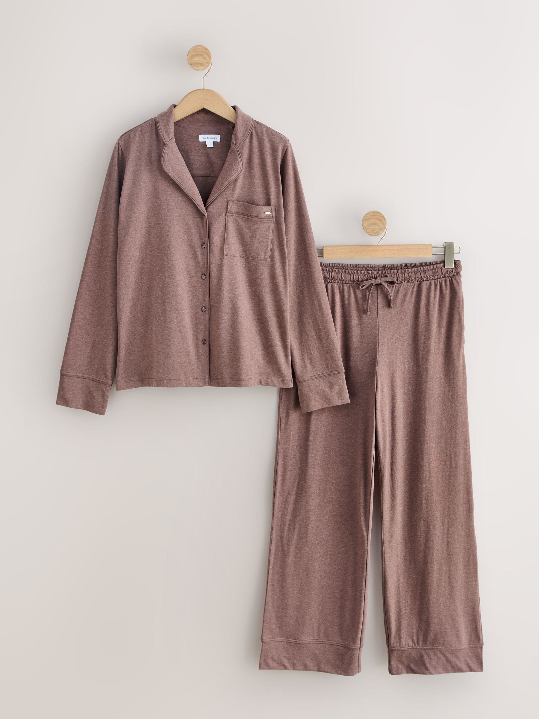 Jersey Button Through Pyjamas - Mocha Brown - Regular - SIP Still Life