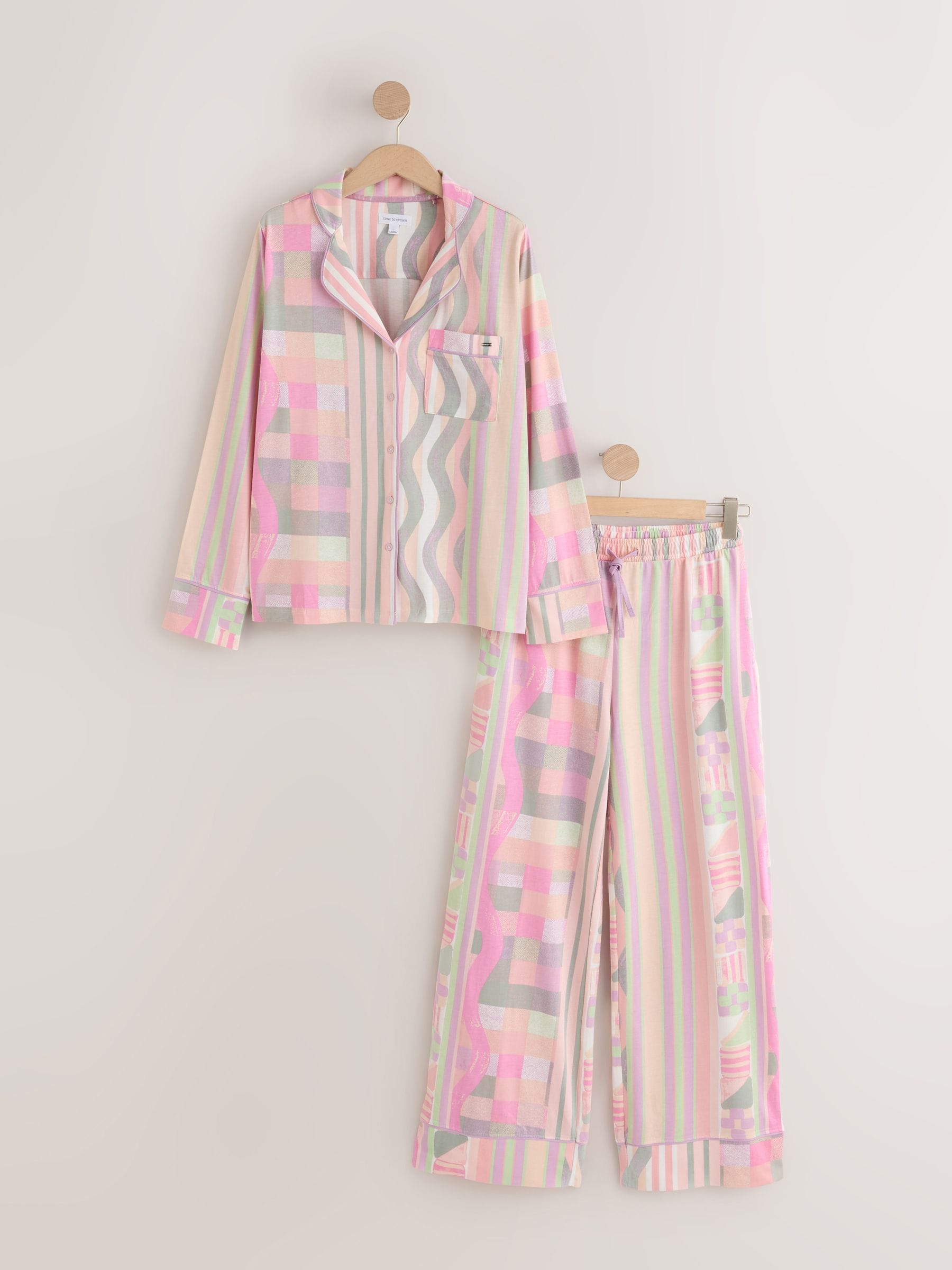 Long Sleeve Button Through Pyjama Set - Pink Stripe - Regular - SIP Still Life