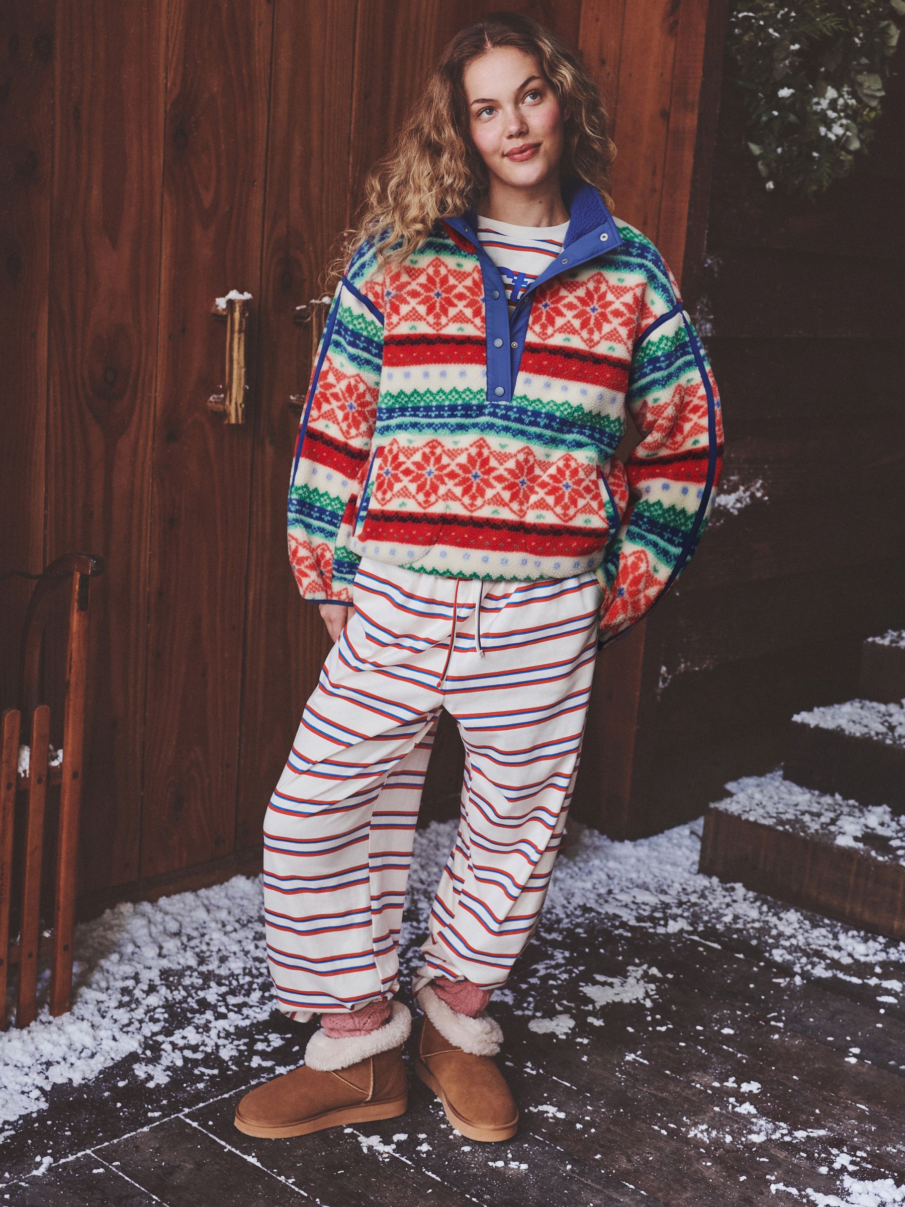 Half Zip Borg Fleece - Red/Green Fairisle - Regular - Location Worn