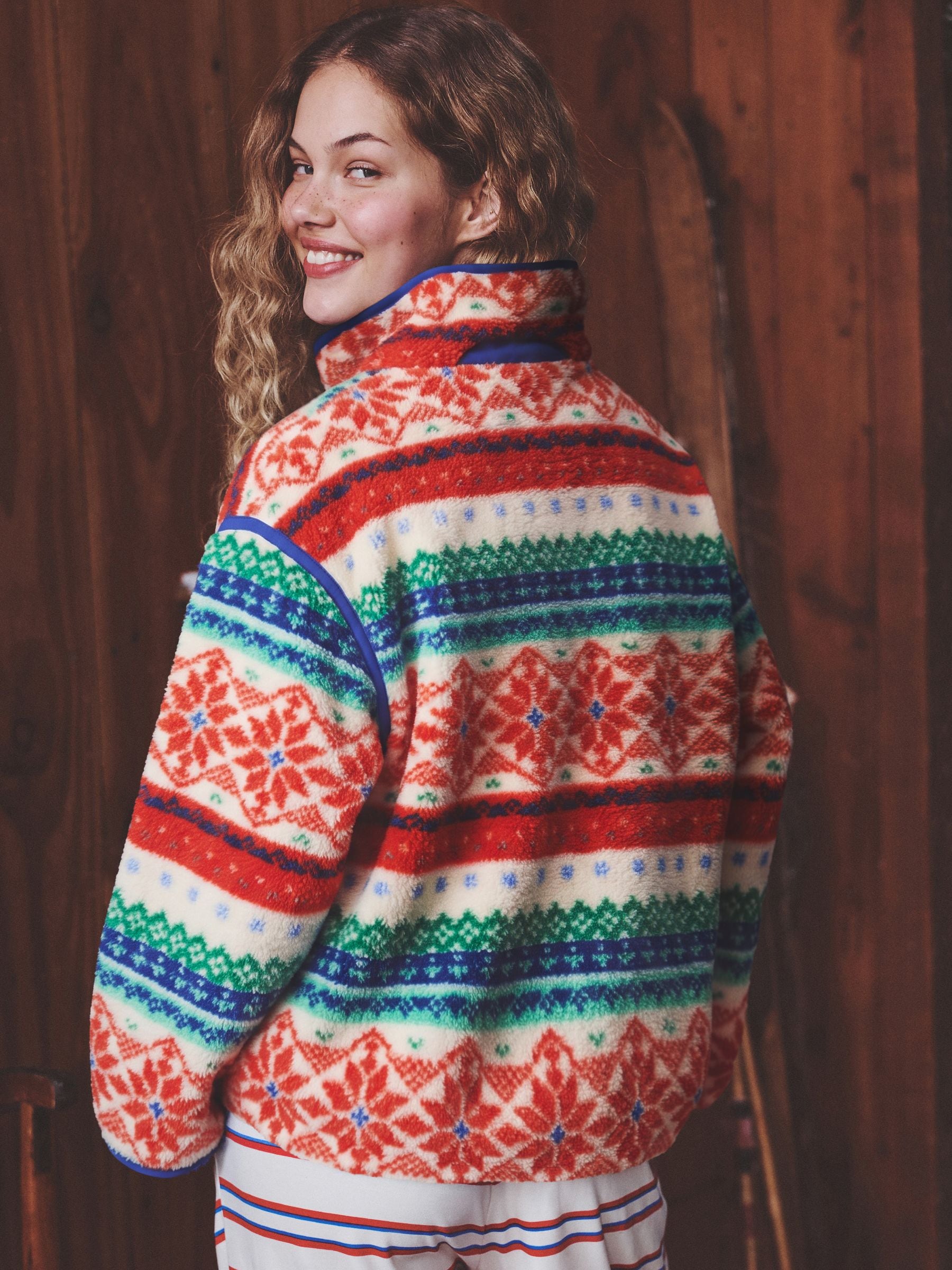 Half Zip Borg Fleece - Red/Green Fairisle - Regular - Location Worn