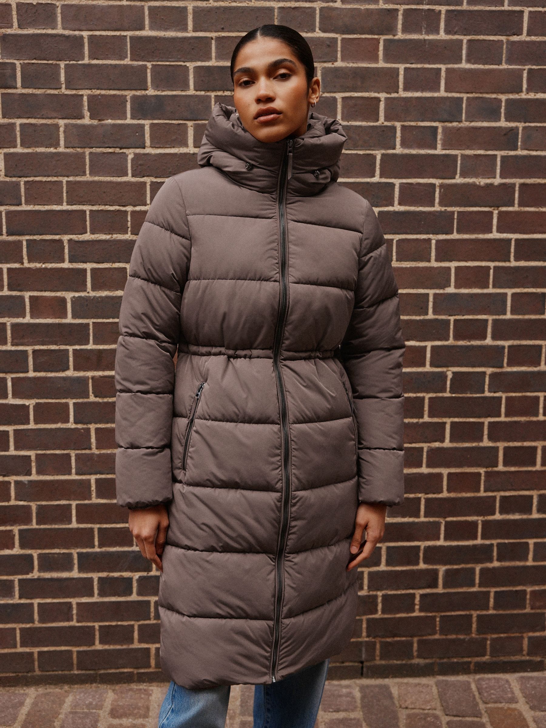 Shower Resistant Hooded Long Padded Puffer Coat - Chocolate Brown - Regular - Location Worn