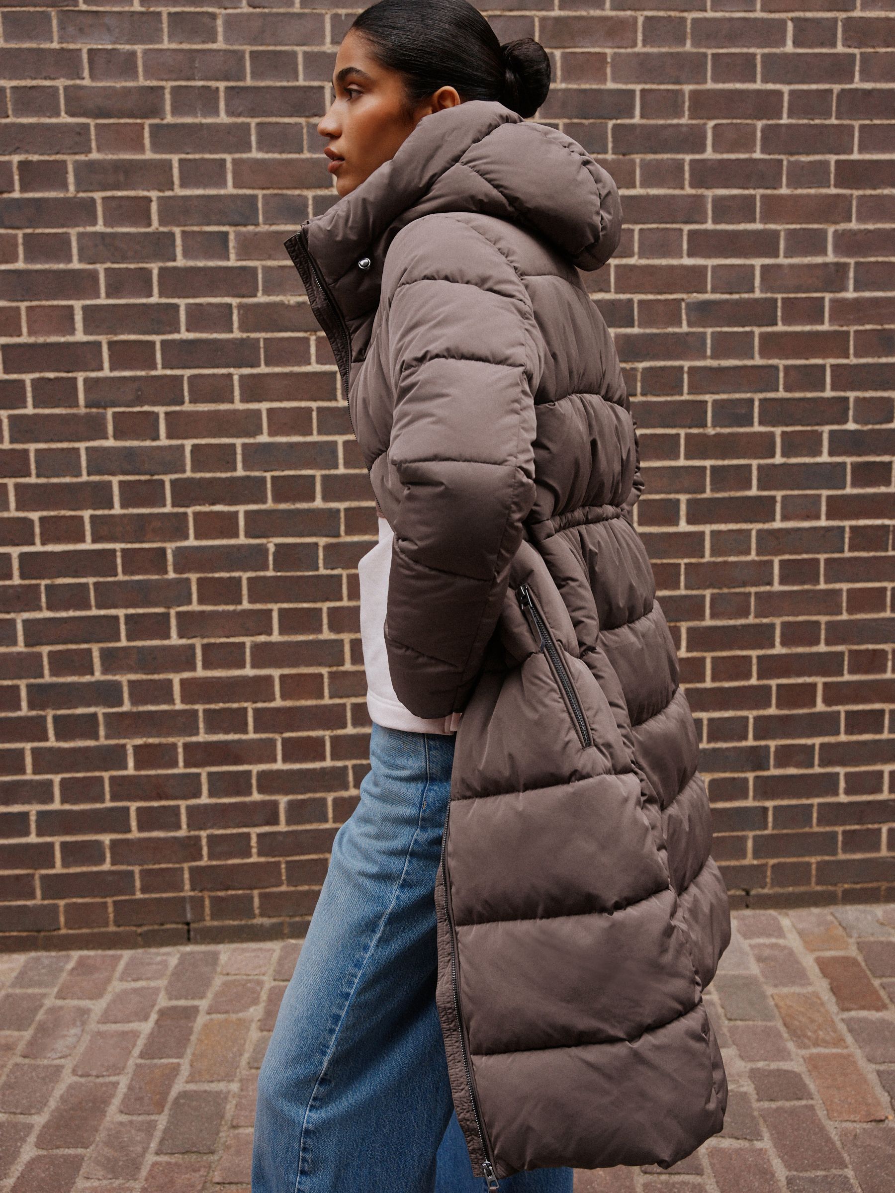 Shower Resistant Hooded Long Padded Puffer Coat - Chocolate Brown - Regular - Location Worn